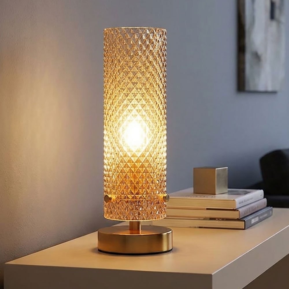 Led Tischleuchte Wohnzimmerlampe Gemustert Goldfarben Schalter Glas H 28,5 Cm