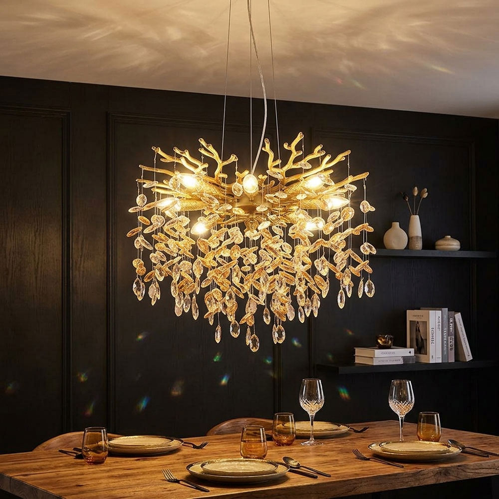Led Pendelleuchte Hängeleuchte Deckenlampe Goldfarben Matt Kristalle H 120 Cm
