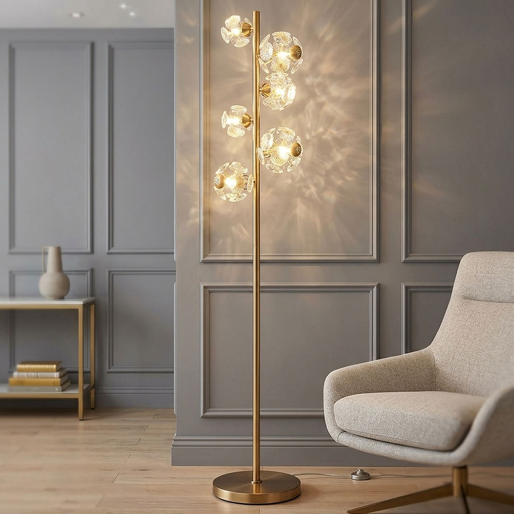 Led Stehleuchte Stehlampe Wohnzimmerlampe Kristalle Gold Metall H 155 Cm