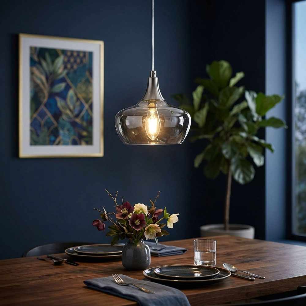 Led Pendelleuchte Hängelampe Silber Esszimmerlampe Glas Rauchfarben H 150 Cm