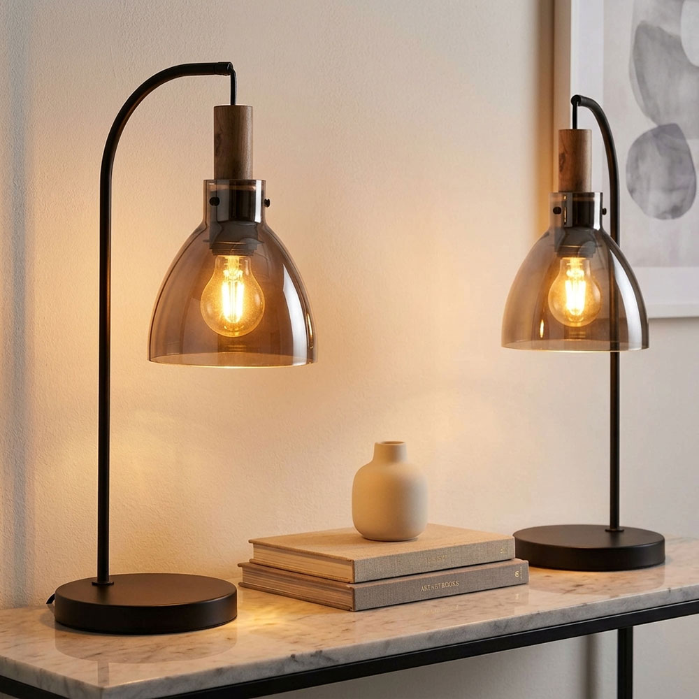 2x Tischleuchte Tischlampe Wohnzimmerlampe Kabelschalter Schwarz Metall H 55 Cm