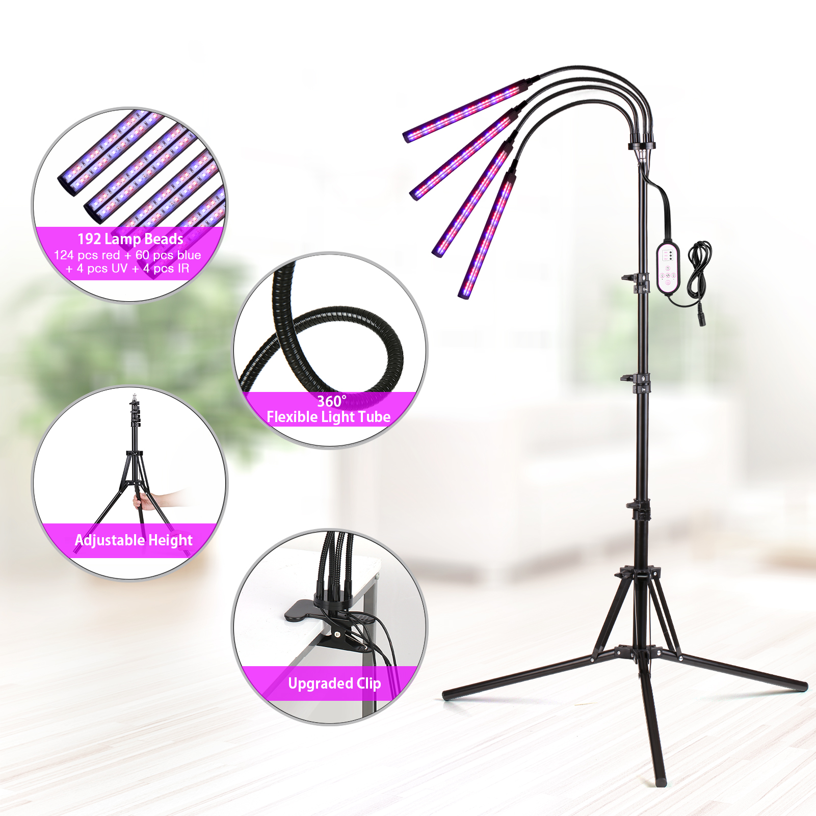 Decdeal 4-kopf-led-pflanzenlampe Mit Stativ, 192 Leds, Bodenleuchte Mit Verbessertem Clip, Doppelregler, 10 Helligkeitsstufen, Uv- Und Ir-leds, 4/8/12-stunden-timer, 3 Modi Für Pflanzen, Blumen Und Ge