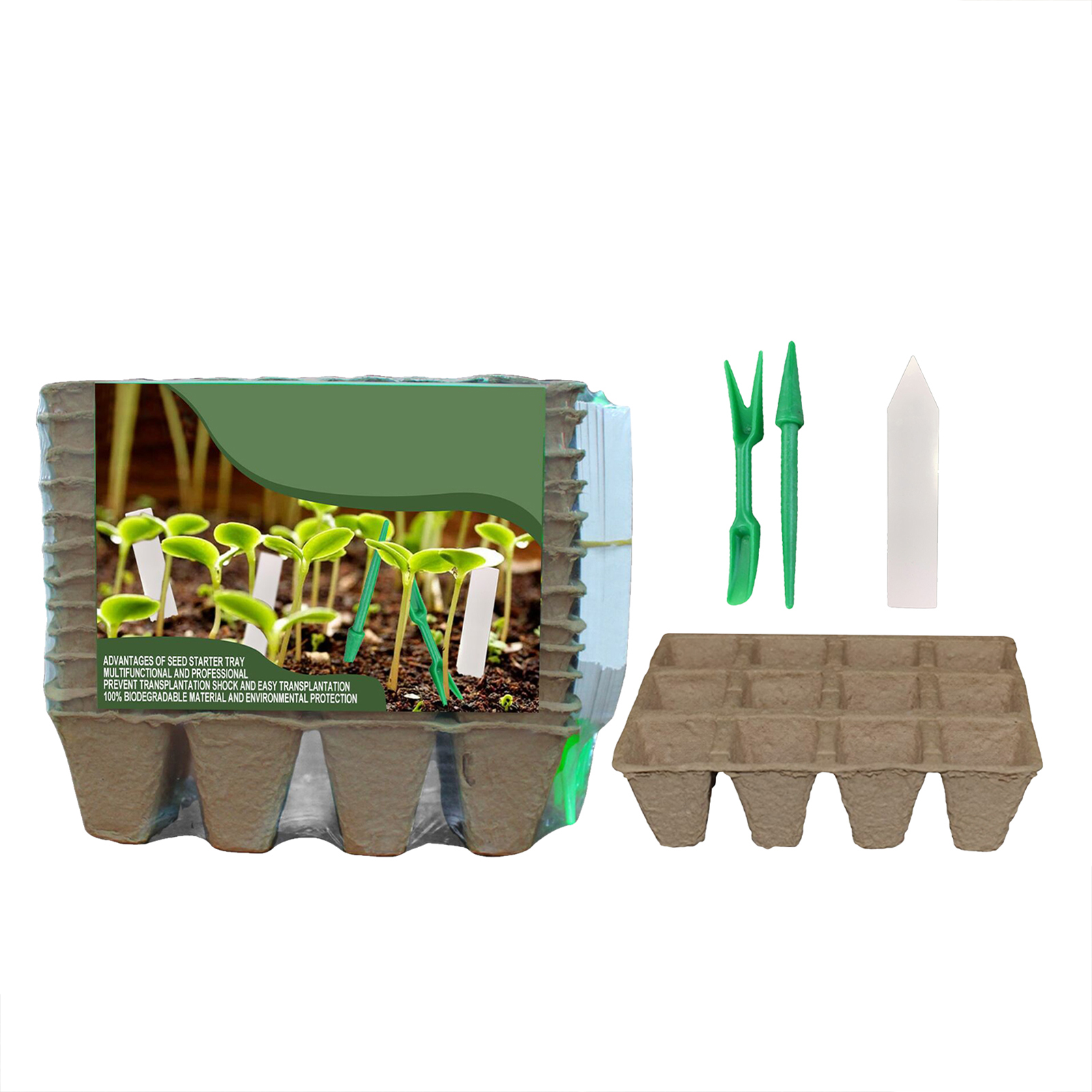 Set Bestehend Aus 12 Biologisch Abbaubaren Anzuchtschalen (12 Zellen) Mit Etiketten Und Umpflanzwerkzeug.