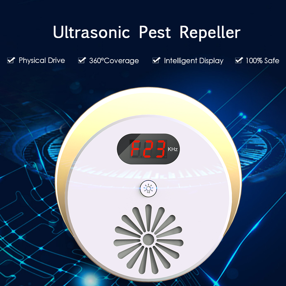 Ultraschall-abwehrgerät Gegen Mücken, Mäuse, Spinnen Und Kakerlaken Mit Led-nachtlicht Und Lcd-display (110–240 V Wechselstrom) – Weiß