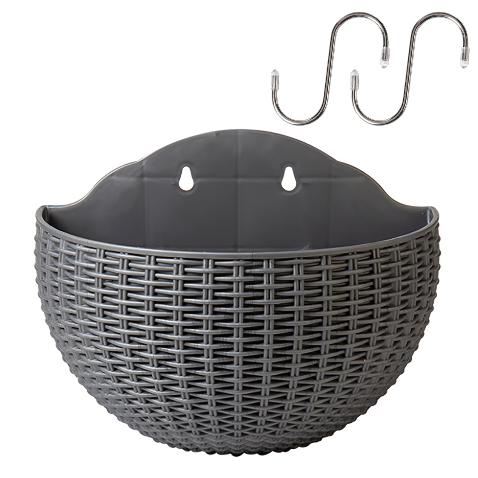 Set Aus 2 Halbrunden, Wandmontierten Blumentöpfen In Rattan-imitation, Silbergrau, Für Den Innen-, Außenbereich Und Balkon.