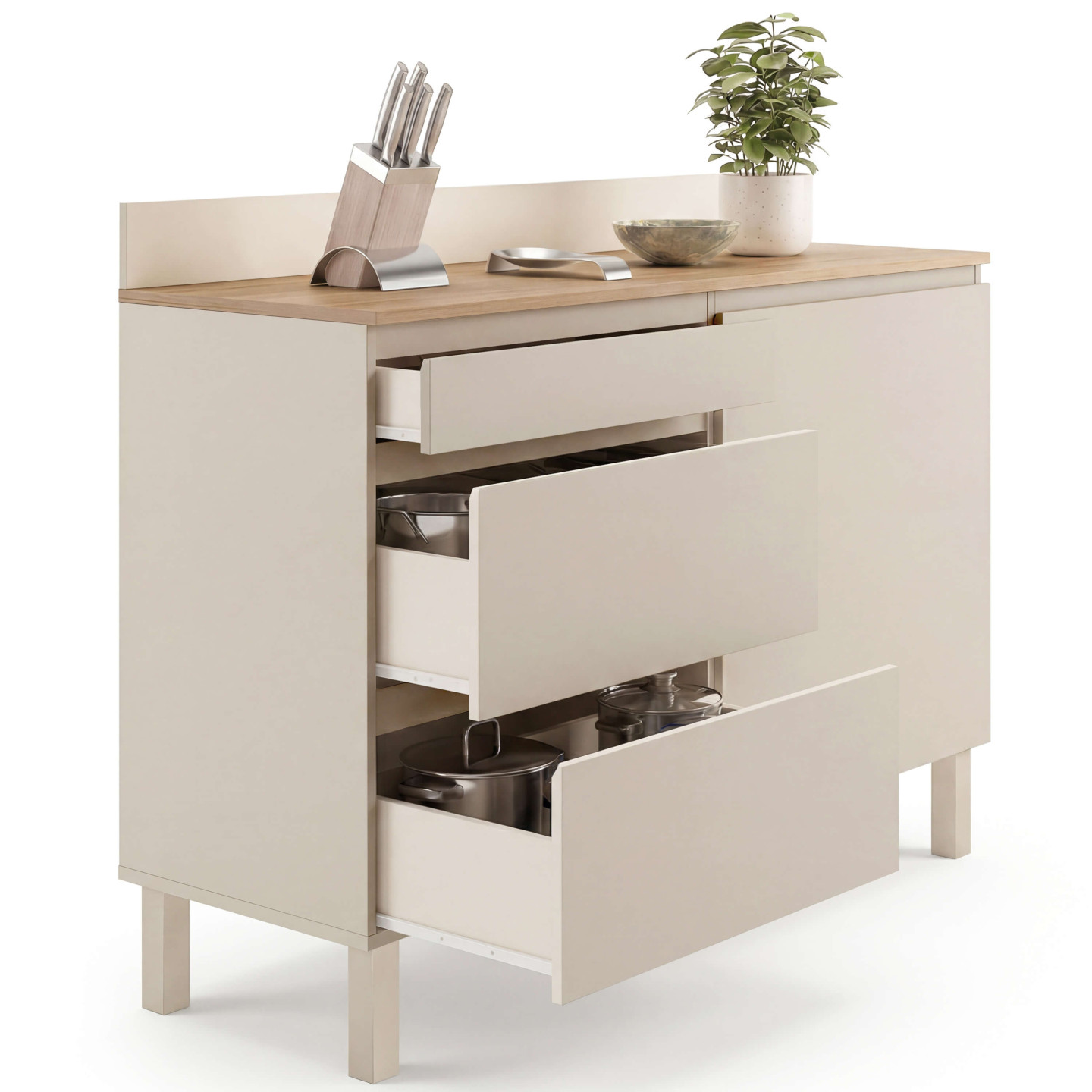 Niedriger Küchenschrank Mit Platz Für Töpfe Und Pfannen, 120 Cm, Claude, Arbeitsplatte In Holzoptik, H. 83 Cm, 1 Tür + 3 Schubla