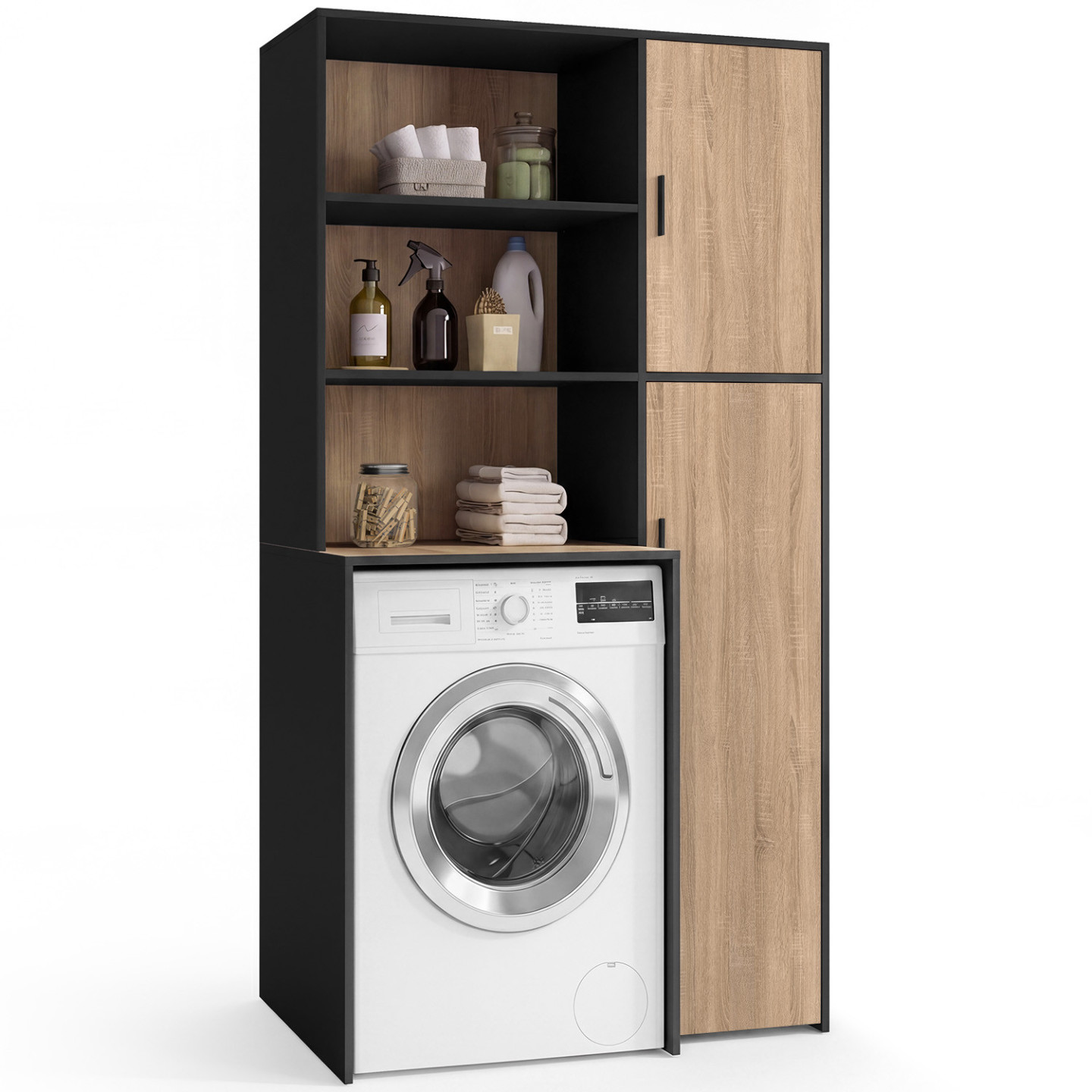 Wallis-waschküchenmöbel Für Waschmaschine Oder Wäschetrockner Mit Regalen Und Stauraumschrank In Schwarz Und Holzoptik