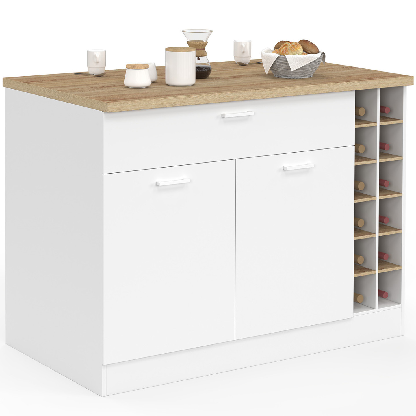 Mittelinsel George 120 Cm Mit Flaschenablage, Schrank Und Schublade Aus Weißem Holz Mit Arbeitsplatte In Buchenholzoptik