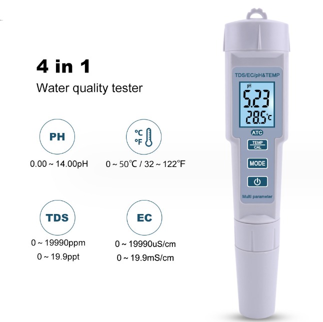 4-in-1 Ph-tester, Ph/ec/tds/temperatur, Ip55, Automatische Abschaltung, Wasserdicht, Hintergrundbeleuchtetes Display, Weiß, Ph-686
