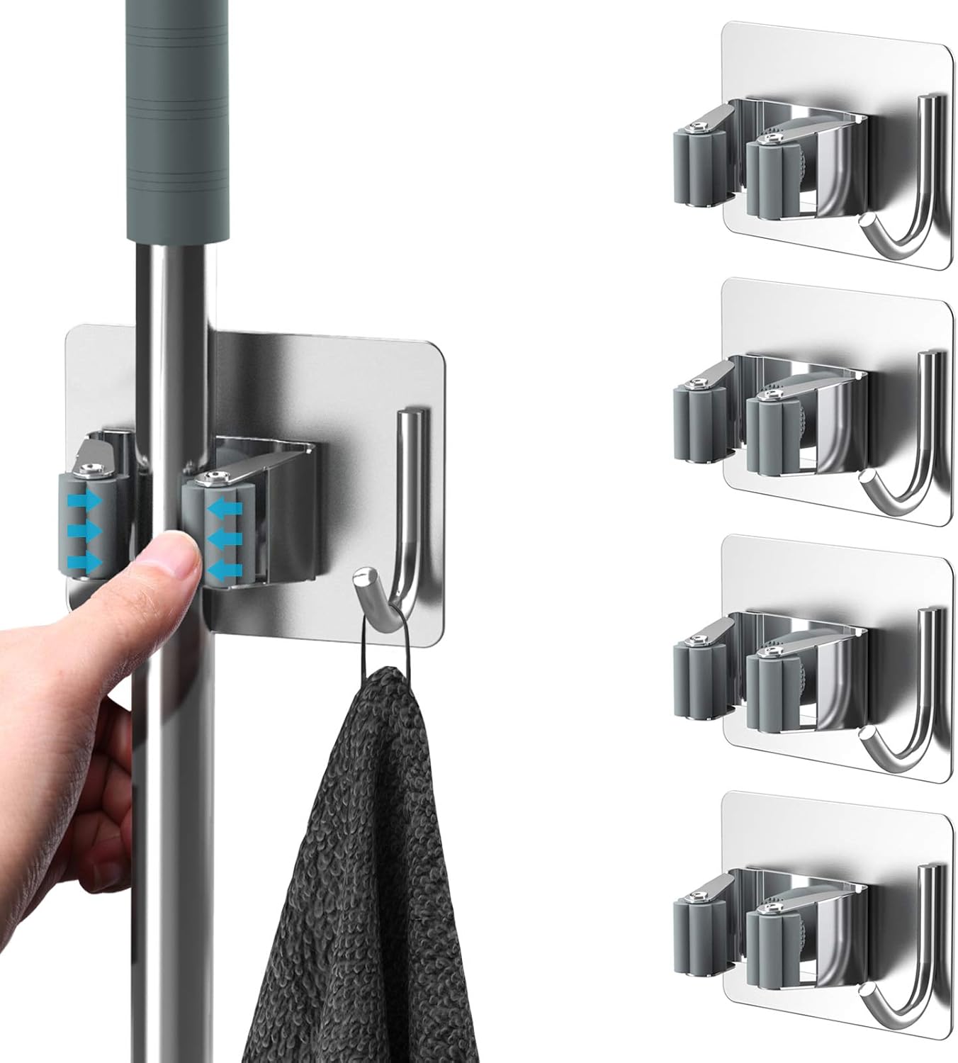 Ineasicer 4-teiliger Besenhalter, Selbstklebende Wandhalterung Ohne Bohren, Mit Haken Für Küche, Bad Und Garten, Silber