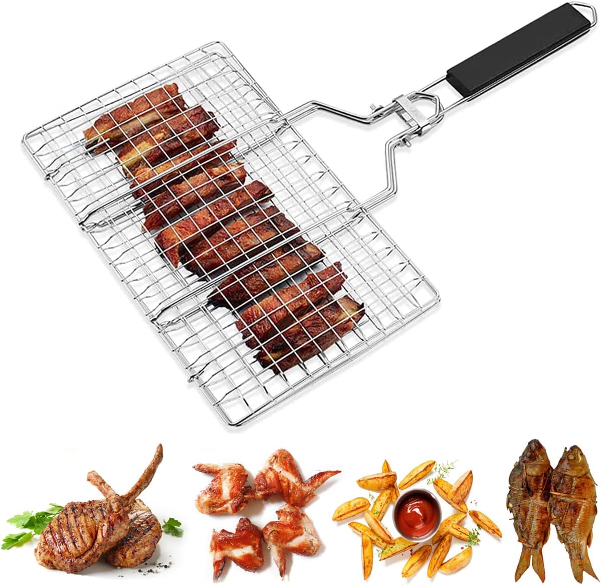 Tragbarer Grillkorb Aus Edelstahl, Faltbar Und Mit Abnehmbarem Griff, Ideal Für Steaks, Garnelen, Fleisch, Fisch Und Geröstetes Gemüse. Maße: 33,5 X 22 Cm, L.