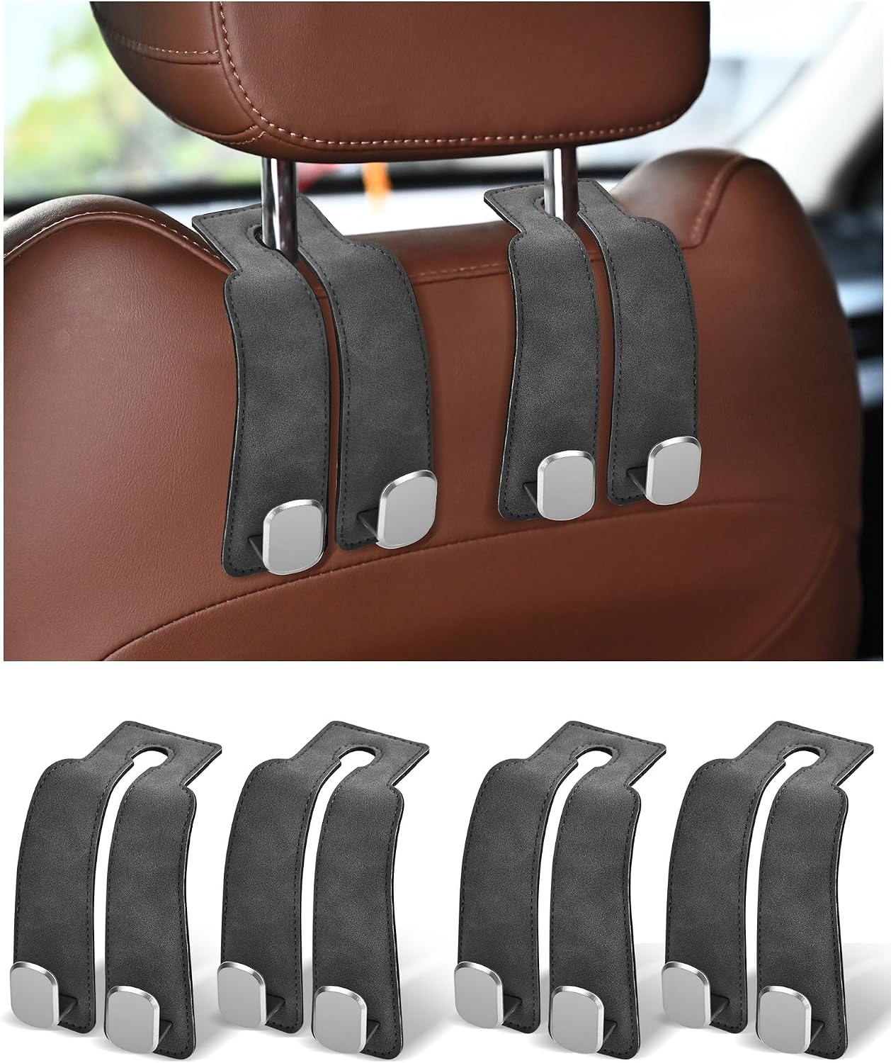 Kopfstützenhaken Fürs Auto (4er-set) – Doppelte Haken Zur Aufbewahrung An Der Rückenlehne – Zum Aufhängen Von Handtaschen Und Taschen – Lederrücken – Grau