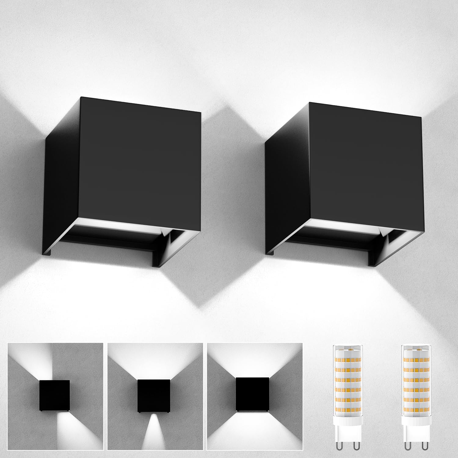 2-teilige Led-wandleuchte Für Den Innen- Und Außenbereich Mit Austauschbaren Leuchtmitteln, Ip65 Wasserdicht, 6000k Kaltweiß, Verstellbares Licht Nach Oben/unten, Modernes Design, Schwarze Wandleuchte