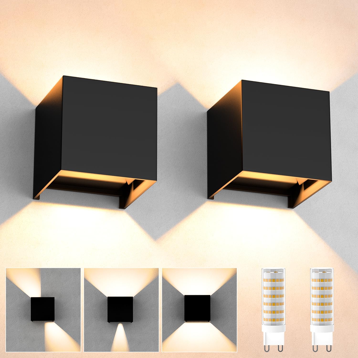 2-teilige Led-wandleuchte Für Den Innen- Und Außenbereich Mit Austauschbaren Leuchtmitteln, Ip65 Wasserdicht, 3000 K Warmweiß, Verstellbares Licht Nach Oben/unten, Modernes Design, Schwarze Wandleucht