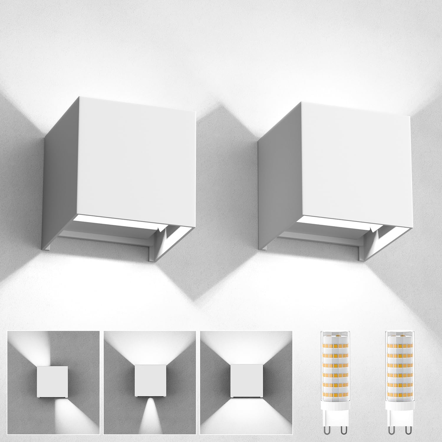 2-teilige Wandleuchte Für Den Innen- Und Außenbereich, Kaltweißes Licht (6000 K) Mit Austauschbarer Led-lampe, Wasserdicht (ip65), Verstellbarer Abstrahlwinkel, Weiß