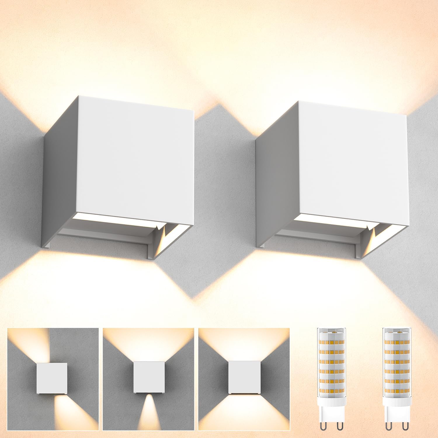 2-teilige Wandleuchte Für Den Innen- Und Außenbereich, Warmweißes Licht (3000 K) Mit Austauschbarer Led-leuchtmittel, Wasserdicht (ip65), Verstellbarer Abstrahlwinkel, Weiß