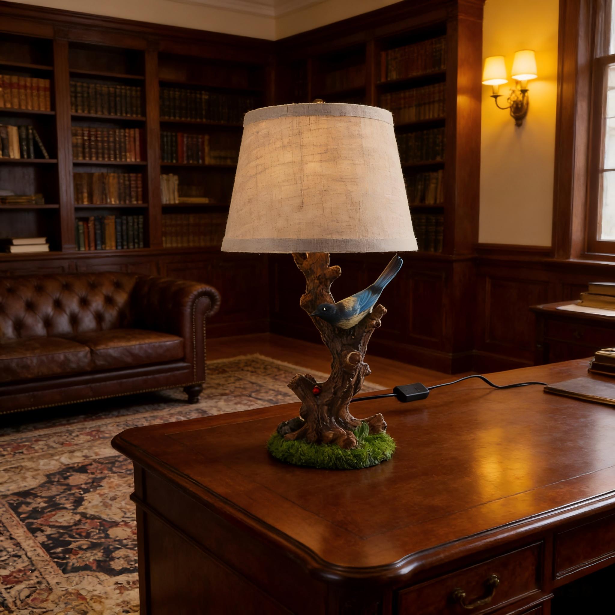 Tischlampe Landhausstil E27 Mit Schalter, Vintage Nachttischlampe Mit Kabel, Schreibtischlampe Aesthetic Lampenschirm Mit Blumen- Und Vogelmotiv Und Ersatzschirm Aus Leinen
