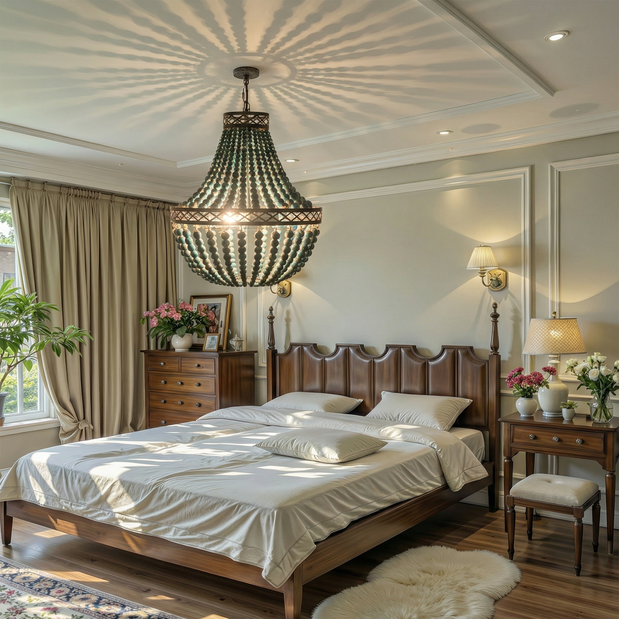 Blau Boho Natürlich Holzperlen Pendelleuchte Vintage Rustikale Led Hängende Lampe E27 Loft Französische Landschaft Kronleuchter Deckenbeleuchtung Für Schlafzimmer Küche Insel
