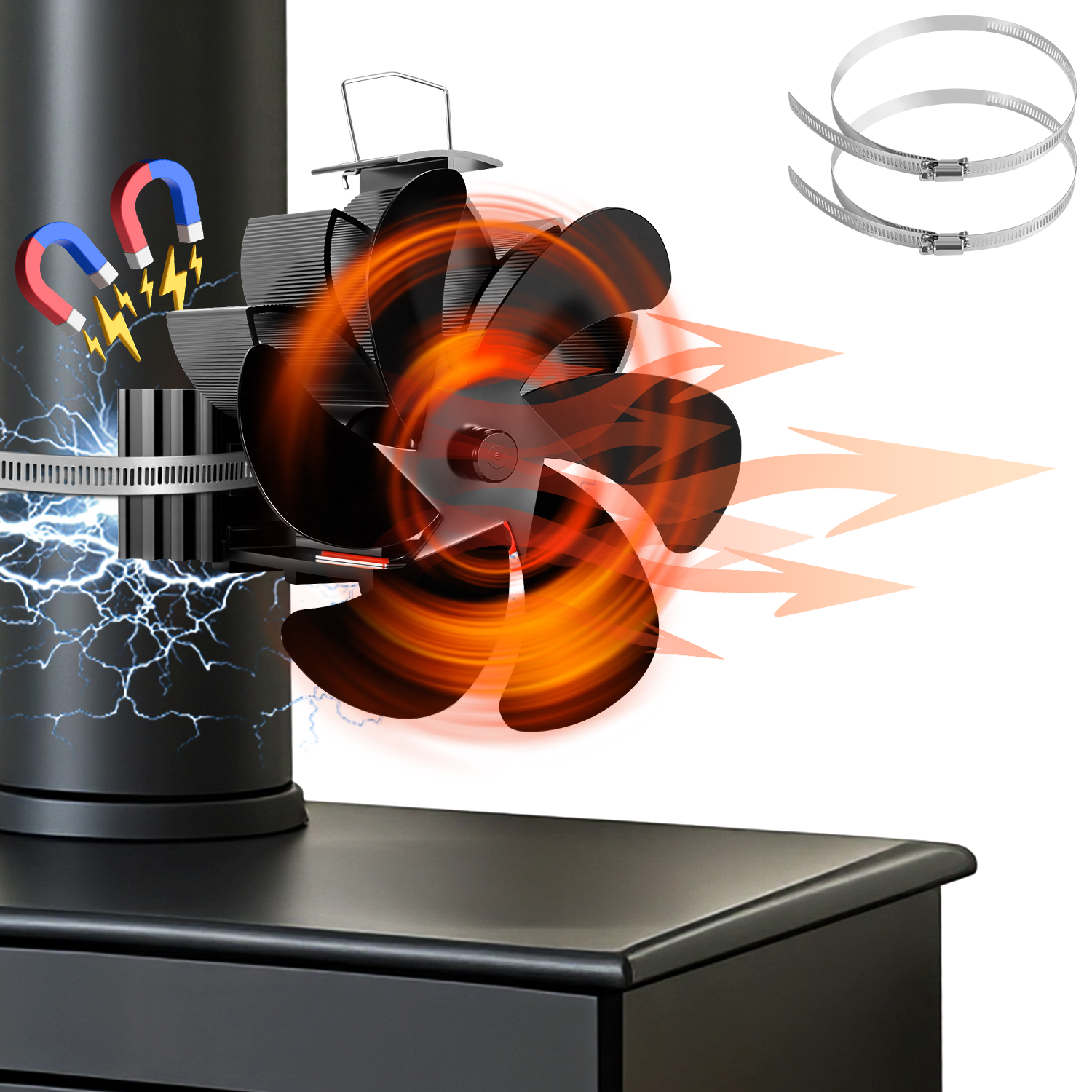 Jiubiaz Kaminofen Ventilator Magnetisch Mit 6 Flügeln, 2 Rohrschellen Und Schraubendreher, Schwarz