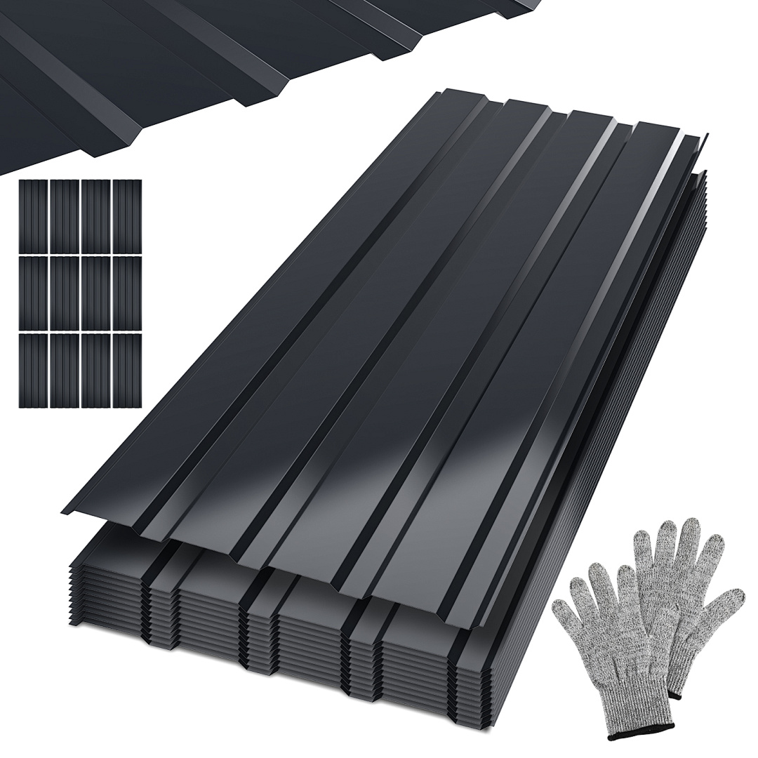Jiubiaz 12 Stück Dachblech Trapezblech Profilblech Platten Aus Metall, Glatte Oberfläche, Mit Handschuhen, 115x45 Cm, 0,25 Mm, 6 M², Anthrazit