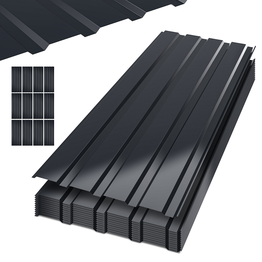 Jiubiaz 48 Stück Dachblech Trapezblech Profilblech Platten Aus Metall, Glatte Oberfläche, Mit Handschuhen, 115x45 Cm, 0,25 Mm, 24 M², Anthrazit