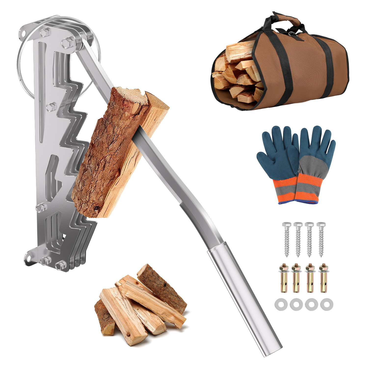 Jiubiaz Handholzspalter Zur Wandmontage Mit Festem Griff, Brennholztasche Und Schutzhandschuhen, Silber