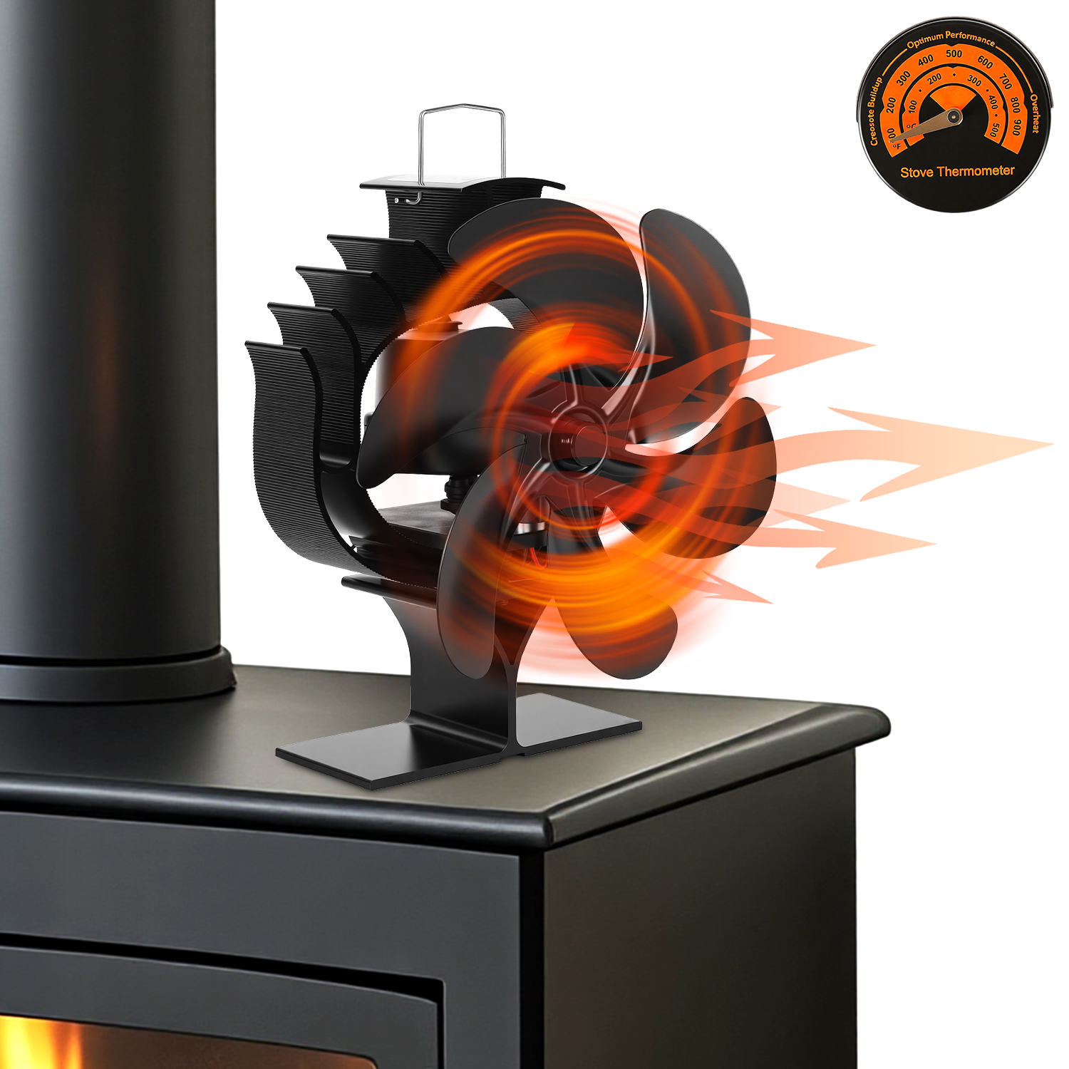 Jiubiaz Kaminofen Ventilator 120° Schwenkbar Mit 6 Flügeln, Wärmebetrieben, Schwarz