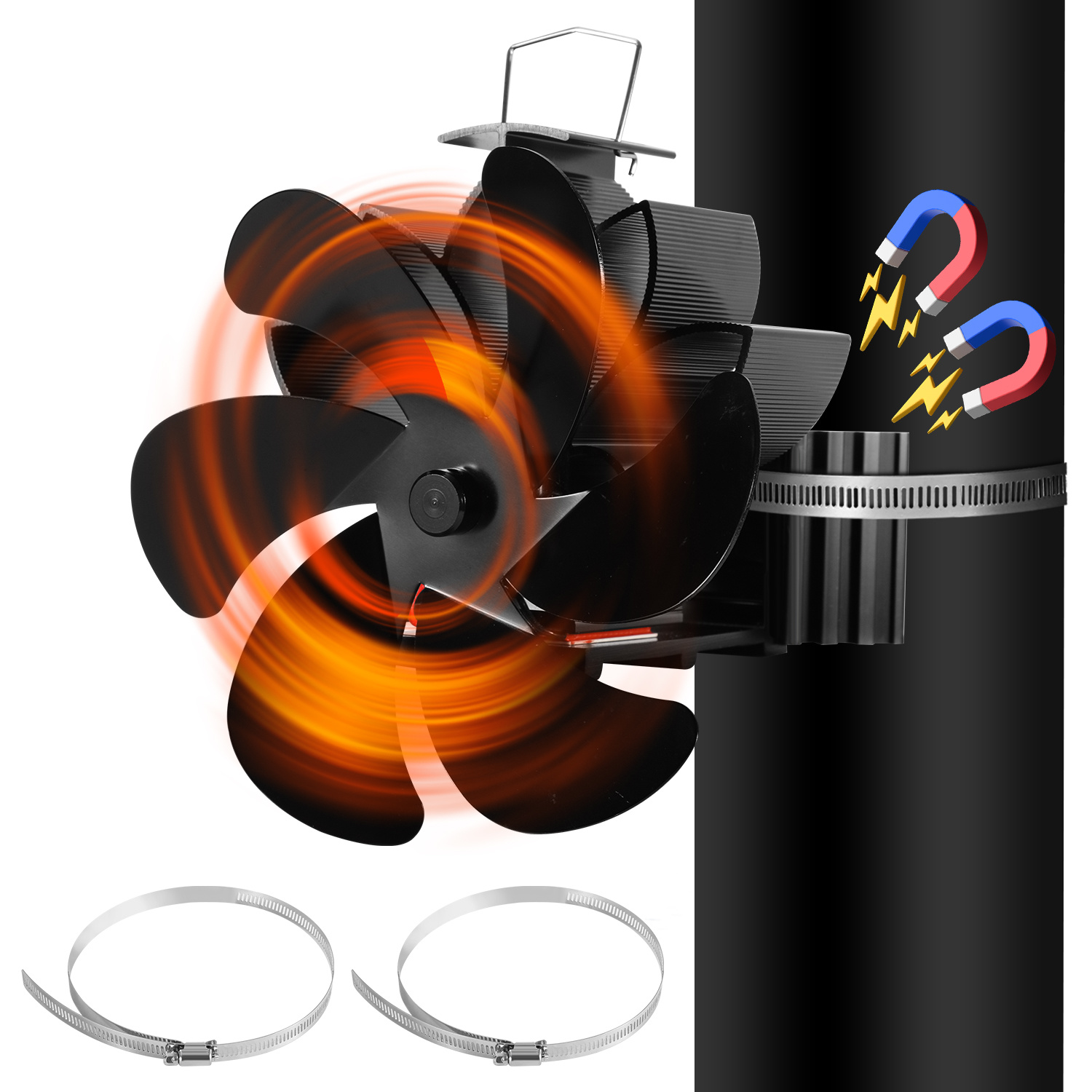 Jiubiaz Magnetischer 6-flügel Kaminventilator Für Ofenrohr, Wärmebetrieben, Mit 2 Rohrschellen Und Schraubendreher, Schwarz
