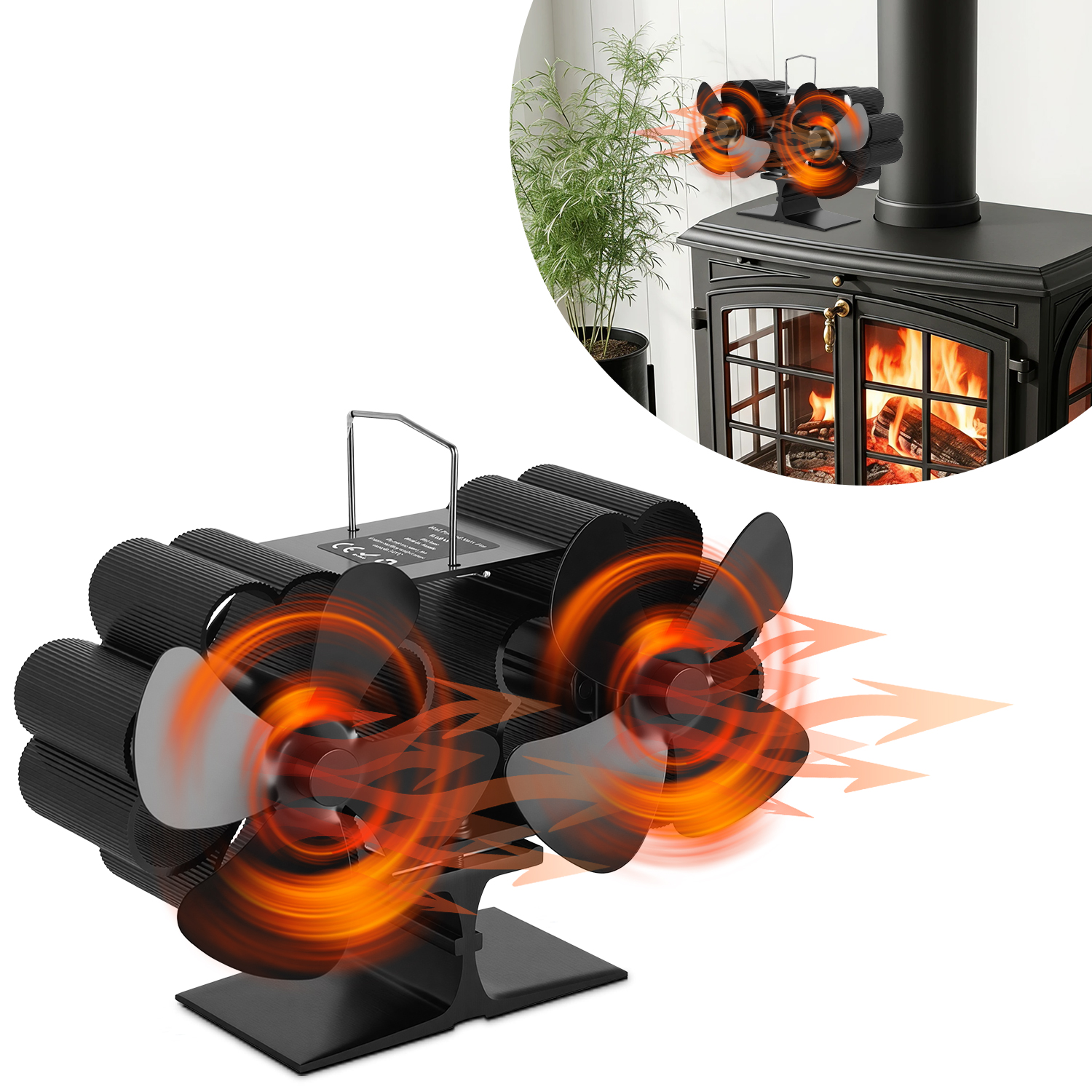 Jiubiaz Kaminofen Ventilator Doppelkopf Mit 2 Motoren Und 8 Flügeln, Wärmebetrieben, Schwarz