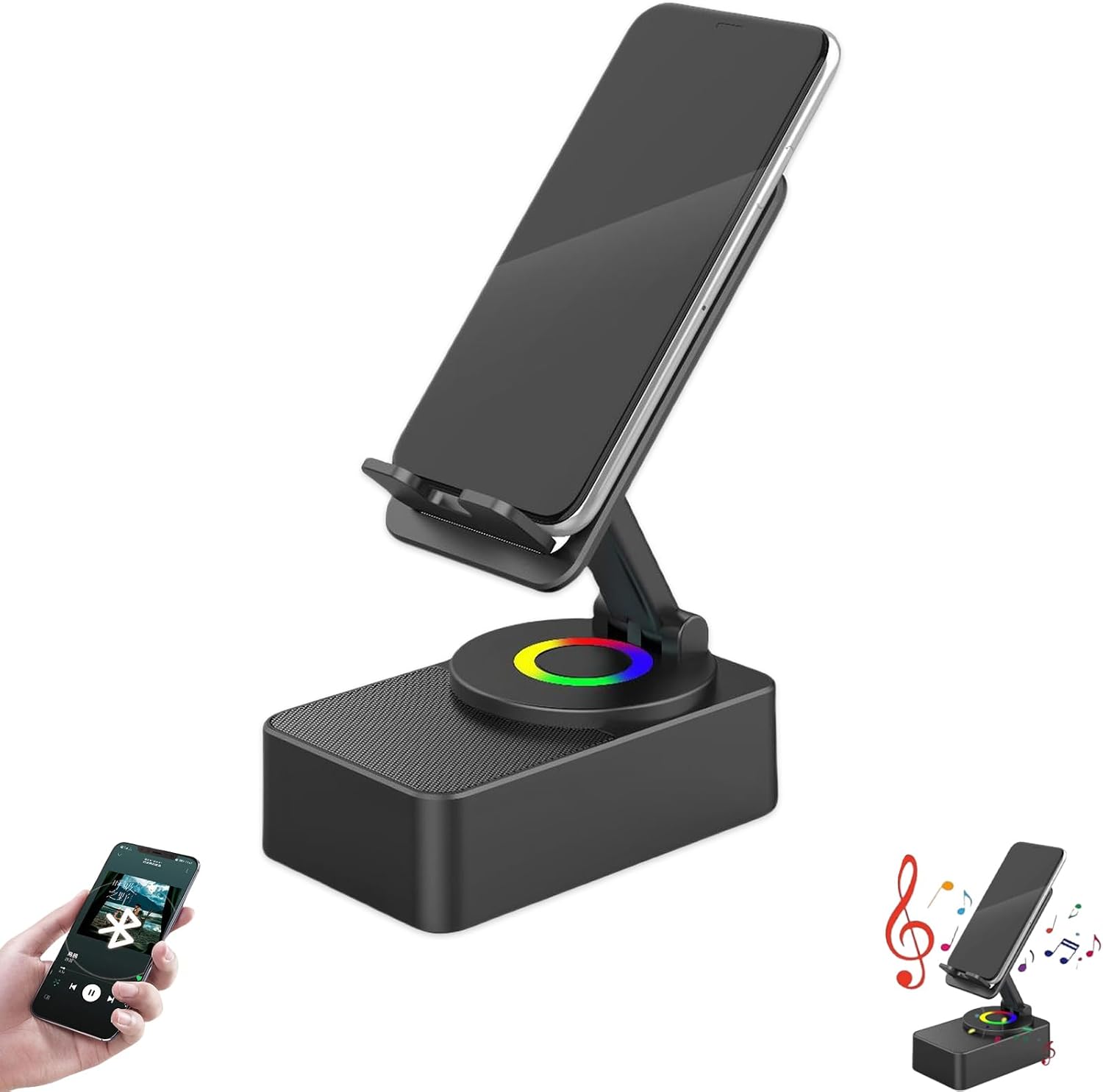 Jssevn - 5-in-1 Kabelloser Bluetooth-lautsprecher Mit Induktiver Ladefunktion, Farbigem Umgebungslicht Und Handyhalterung (schwarz)