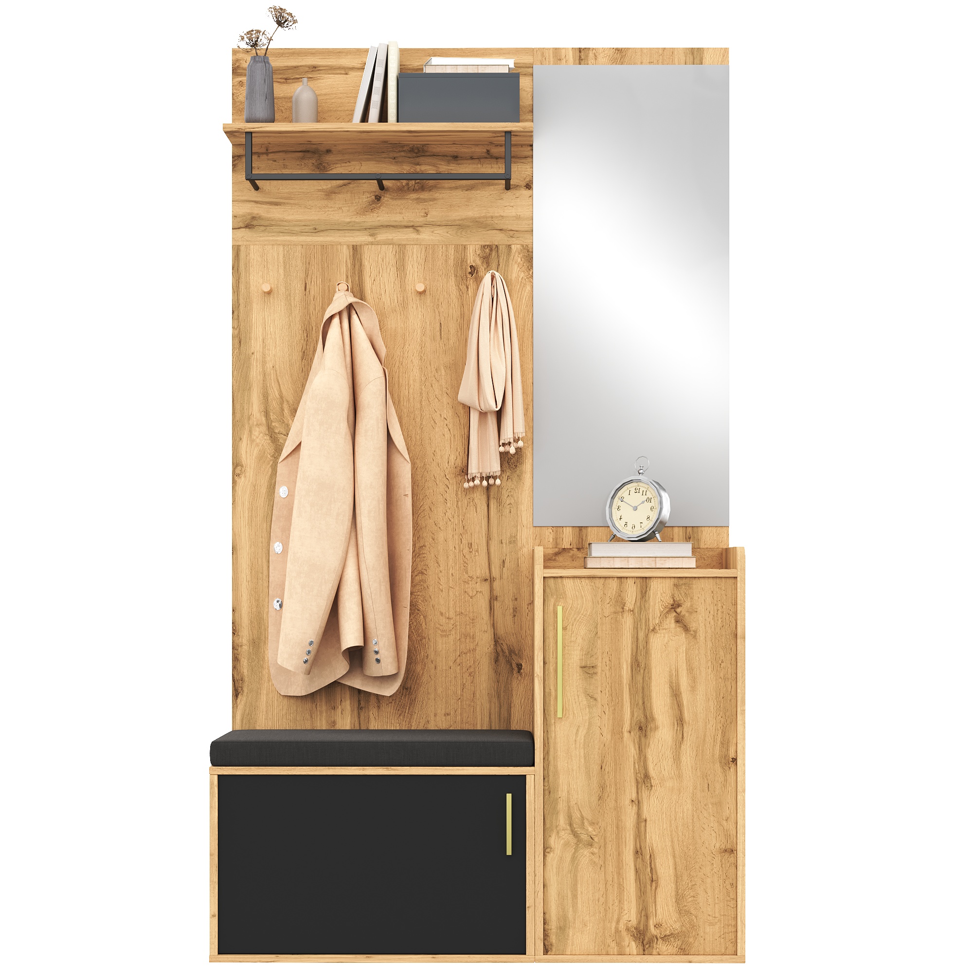 Kompakter Kleiderschrank Mit Spiegel Und Sitzbank, Flurschrank Mit Schuhregal Und Haken, Kompakter Kleiderschrank, Flurmöbelset(not A One-piece Product, Holes Need To Be Drilled In The Wall.)