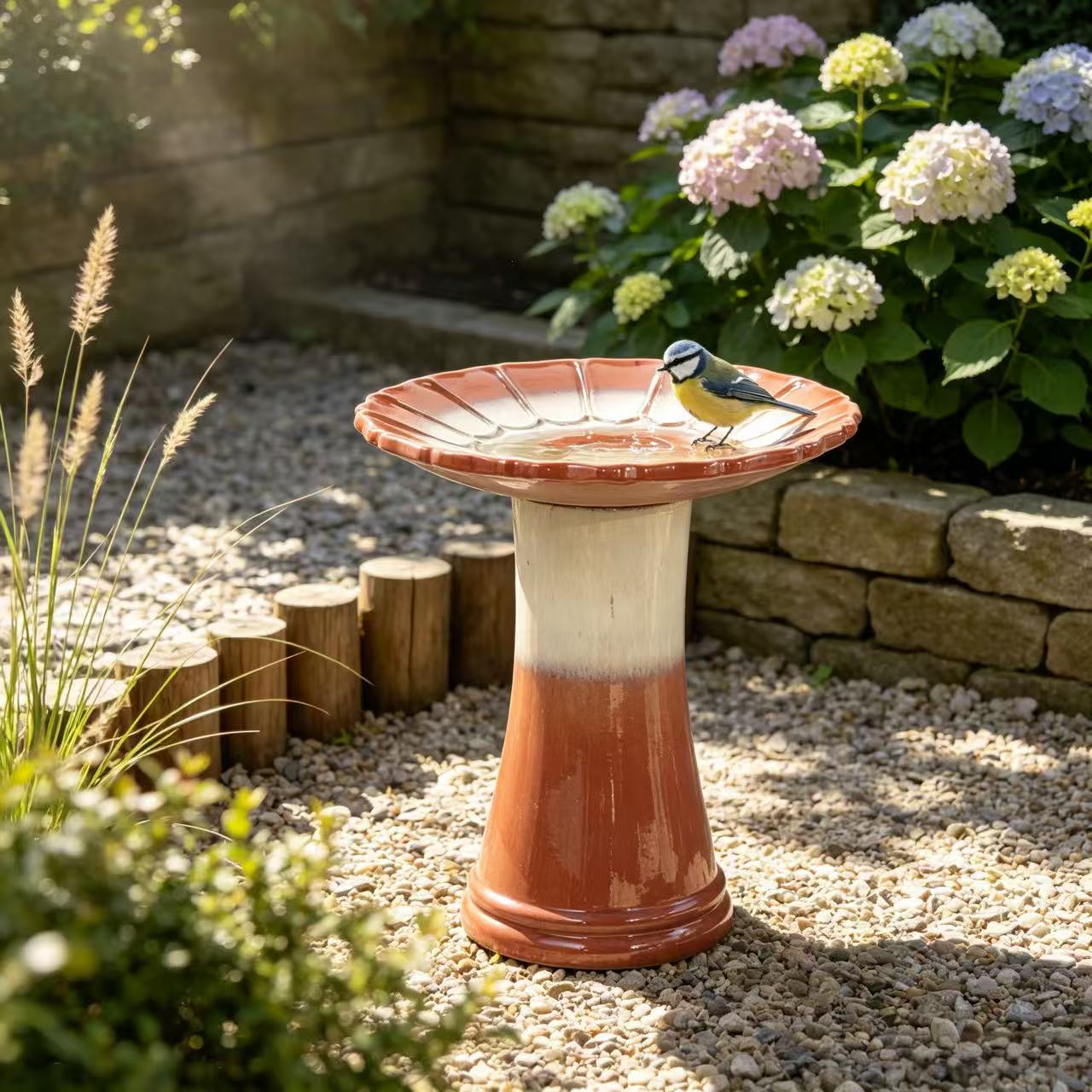 Handgefertigte Keramik Vogelbad (ø 43 Cm, Höhe 45 Cm), Glänzend Rotbraun-weiß Verlaufsglasur Mit Blütenrillen Auf Der Schale, Wetterfest & Frostsicher, Für Garten, Terrasse Und Balkon