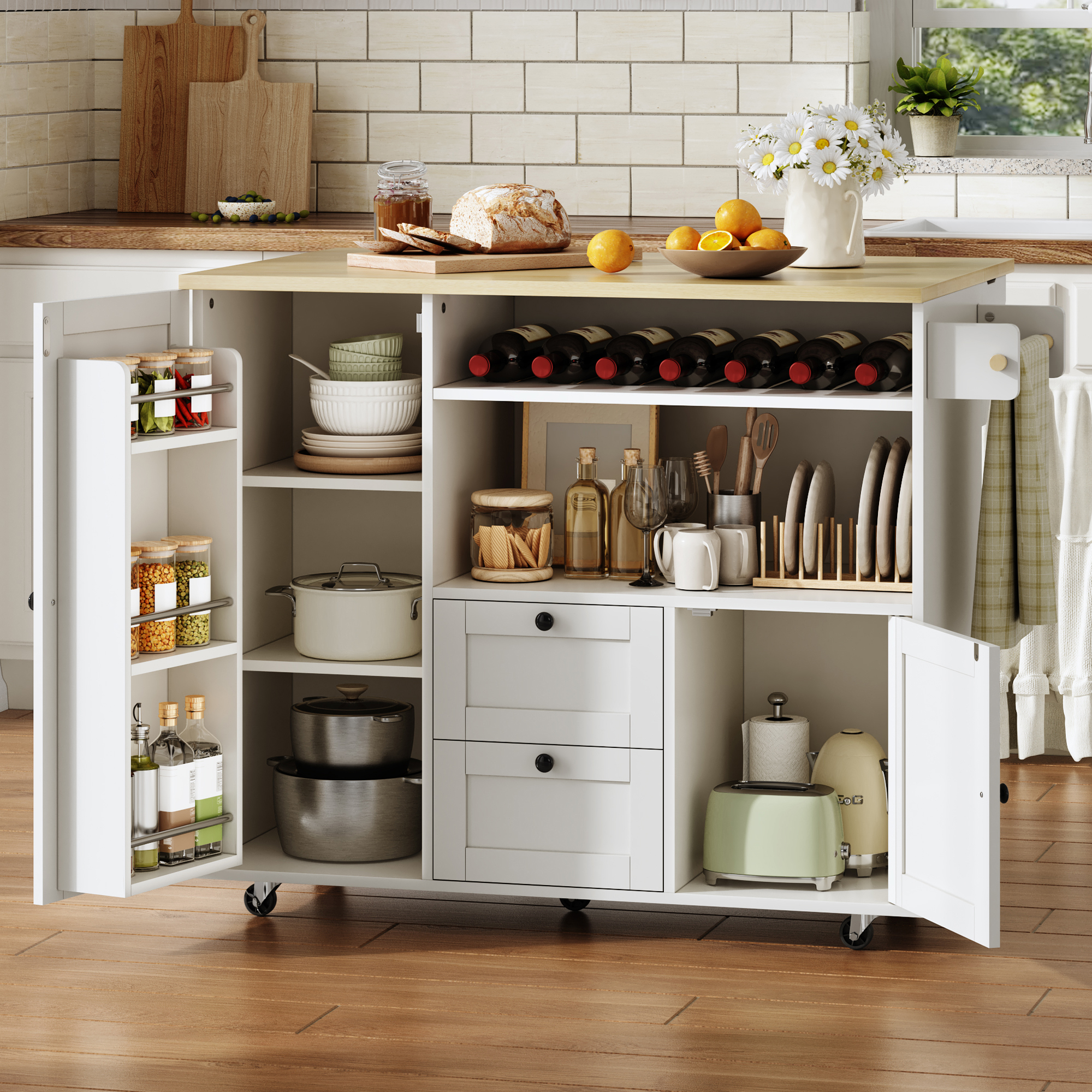 Mobile Kücheninsel Mit Klappbarer Arbeitsplatte, Küchenwagen, Aufbewahrungsschrank, Sideboard Mit Handtuchhalter, Schublade, Integriertem Weinregal Und Abschließbaren Rollen, 104 × 45 (69) × 89 Cm