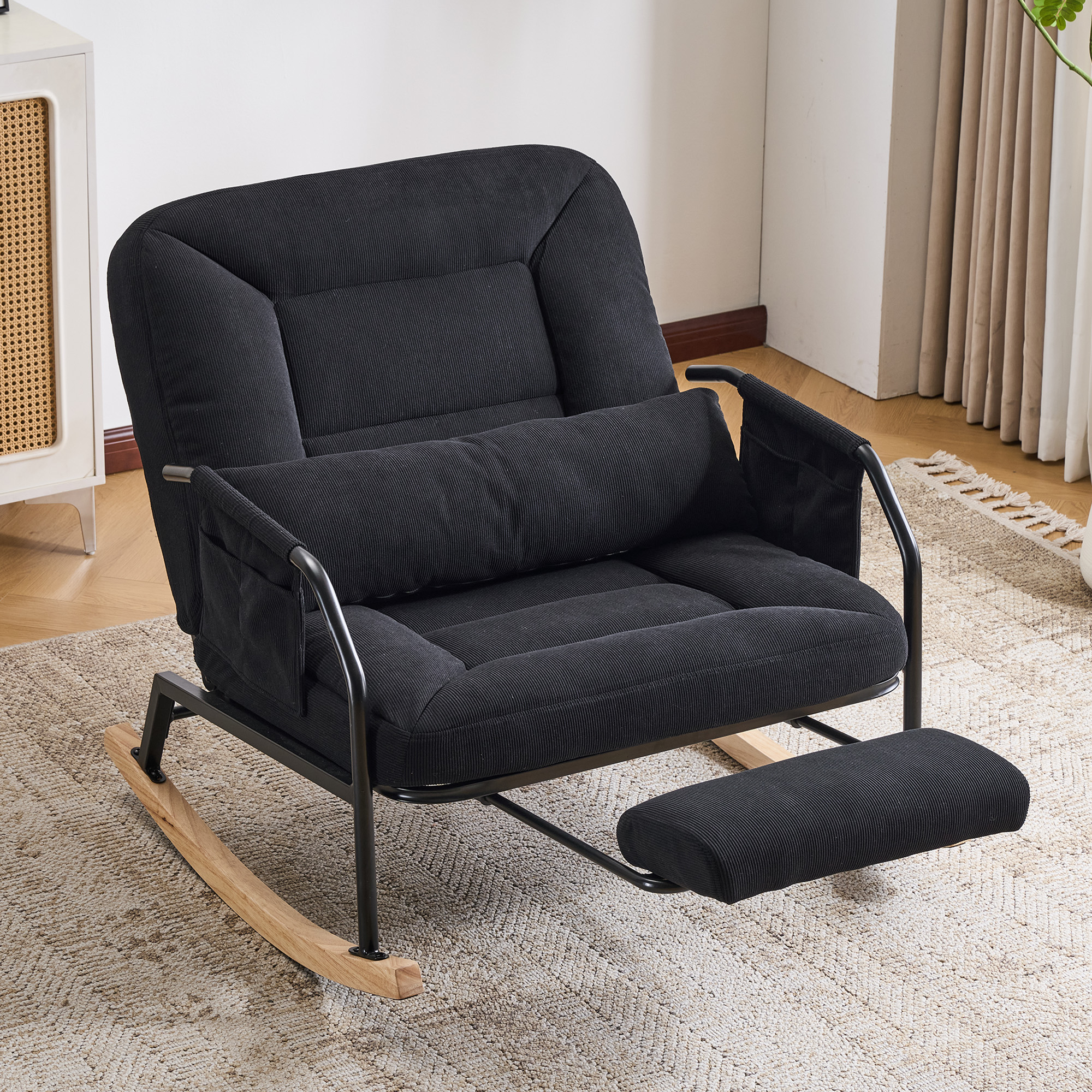 Oversized Rocking Chair Glider Patio Rocker Chairs With Foot Rest, Padded Cushion, Adjustable Backrest, Mental Wooden Farm,indoor/outdoor Living Room Bedroom Balcony Porch, Corduroy,black