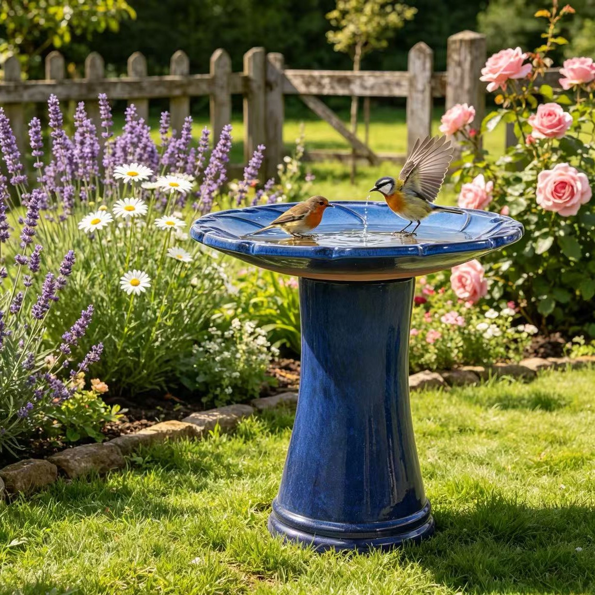 Handgefertigte Keramik Vogelbad (ø 43 Cm, Höhe 45 Cm), Glänzend Königsblau Mit Radialem Wirbel-relief Auf Der Schale, Wetterfest & Frostsicher, Für Garten, Terrasse Und Balkon