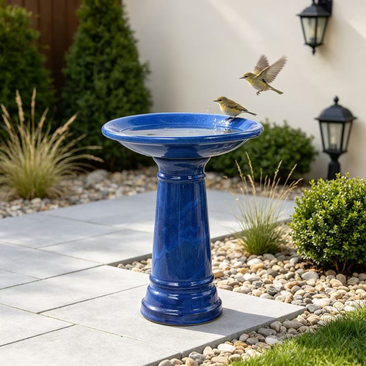 Handgefertigte Keramik Vogelbad (ø 31,5 Cm, Höhe 38 Cm), Glänzend Königsblau Mit Glatter Hochglanzglasur, Wetterfest & Frostsicher, Für Garten, Terrasse Und Balkon
