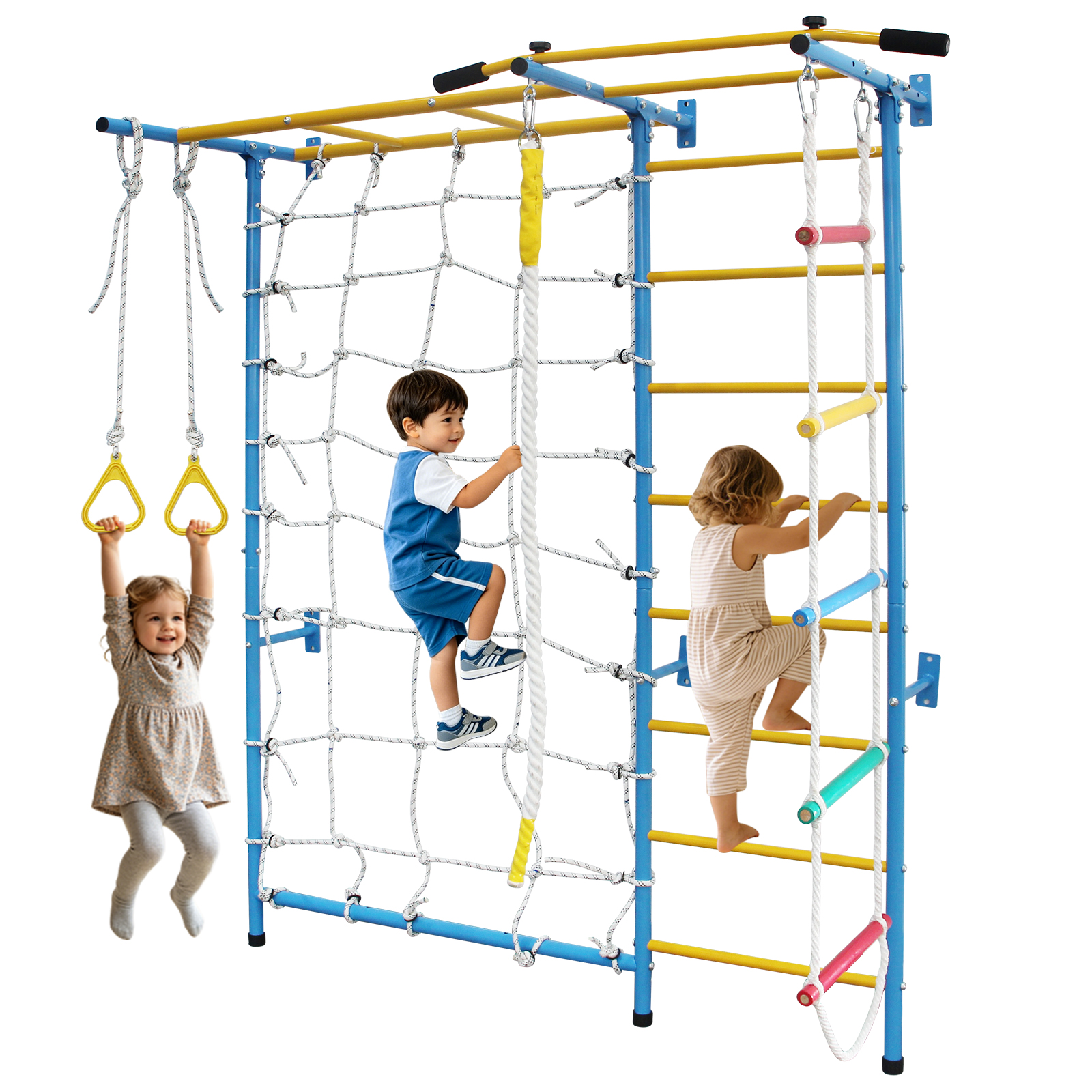 Indoor Jungle Gym For Toddlers, 7-in-1 Climbing Playset With Carbon Steel Swedish Ladder, Wall Ladder, Pull-up Bar, Rope Ladder, And Gymnastic Rings, Supports 99.8kg