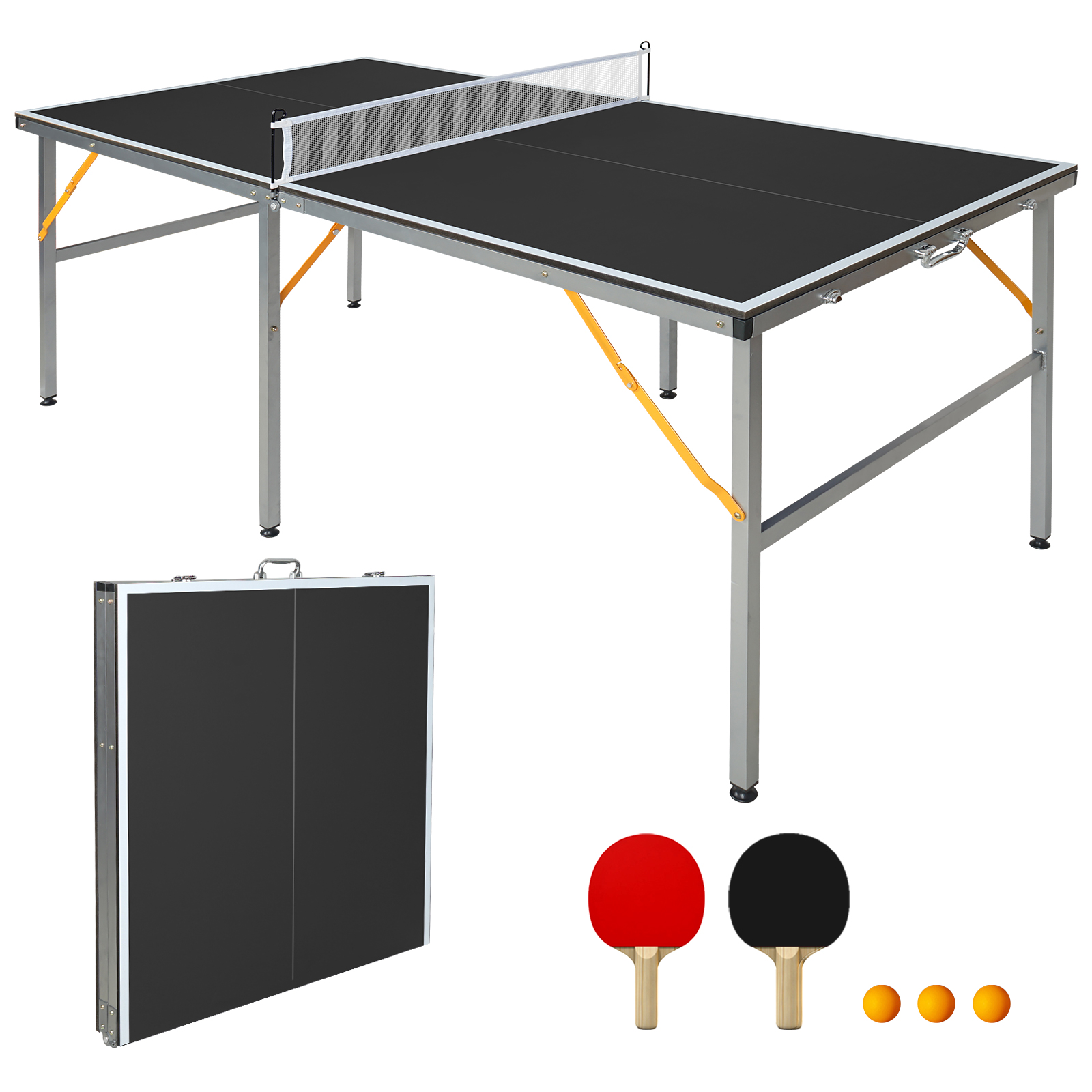182x91cm/6x3ft Mid-size Professional Portable Folding Ping Pong Table, Table Tennis Game Set With Net, 2 Paddles & 4 Balls For Adults And Teens- Quick Assembly Indoor/outdoor (black)