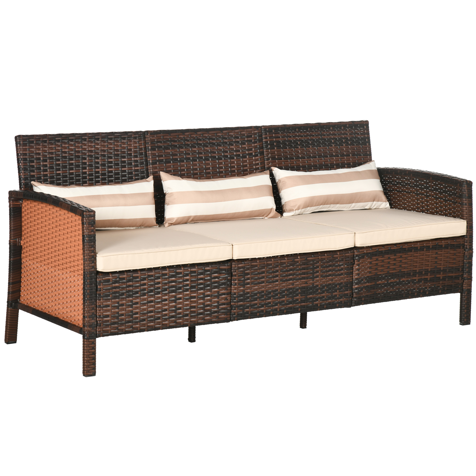 Rattan Garten Loungesofa Dreisitzer Mit Kissen, Stahlrahmen, Braun, 173x68x78 Cm, Ideal Für Terrasse & Garten
