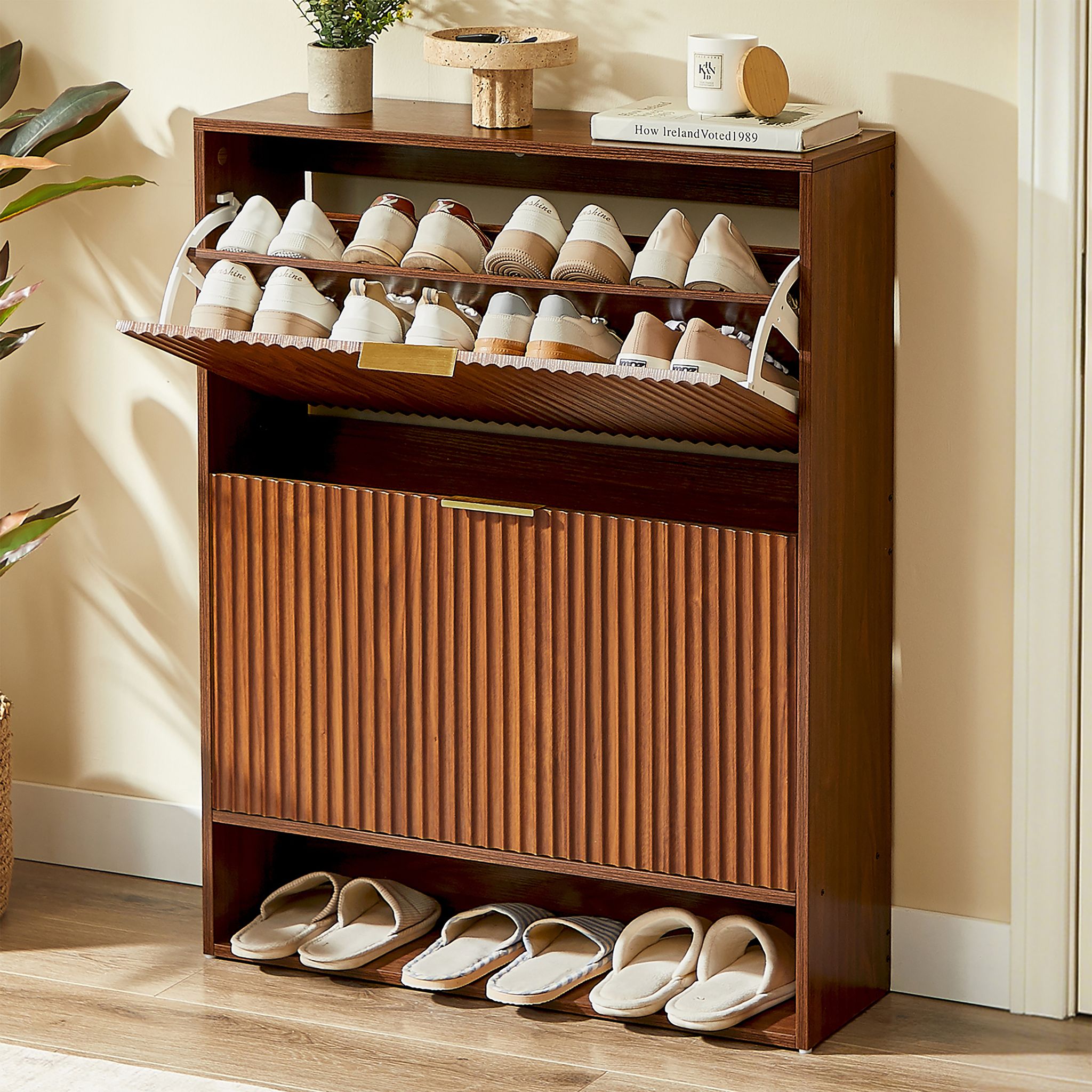 80 X 24 Cm Schuhschrank Mit Nutfront – Höhenverstellbar Mit Kippschutz Und Dekotisch Für Den Flur, In Nussbaum-optik