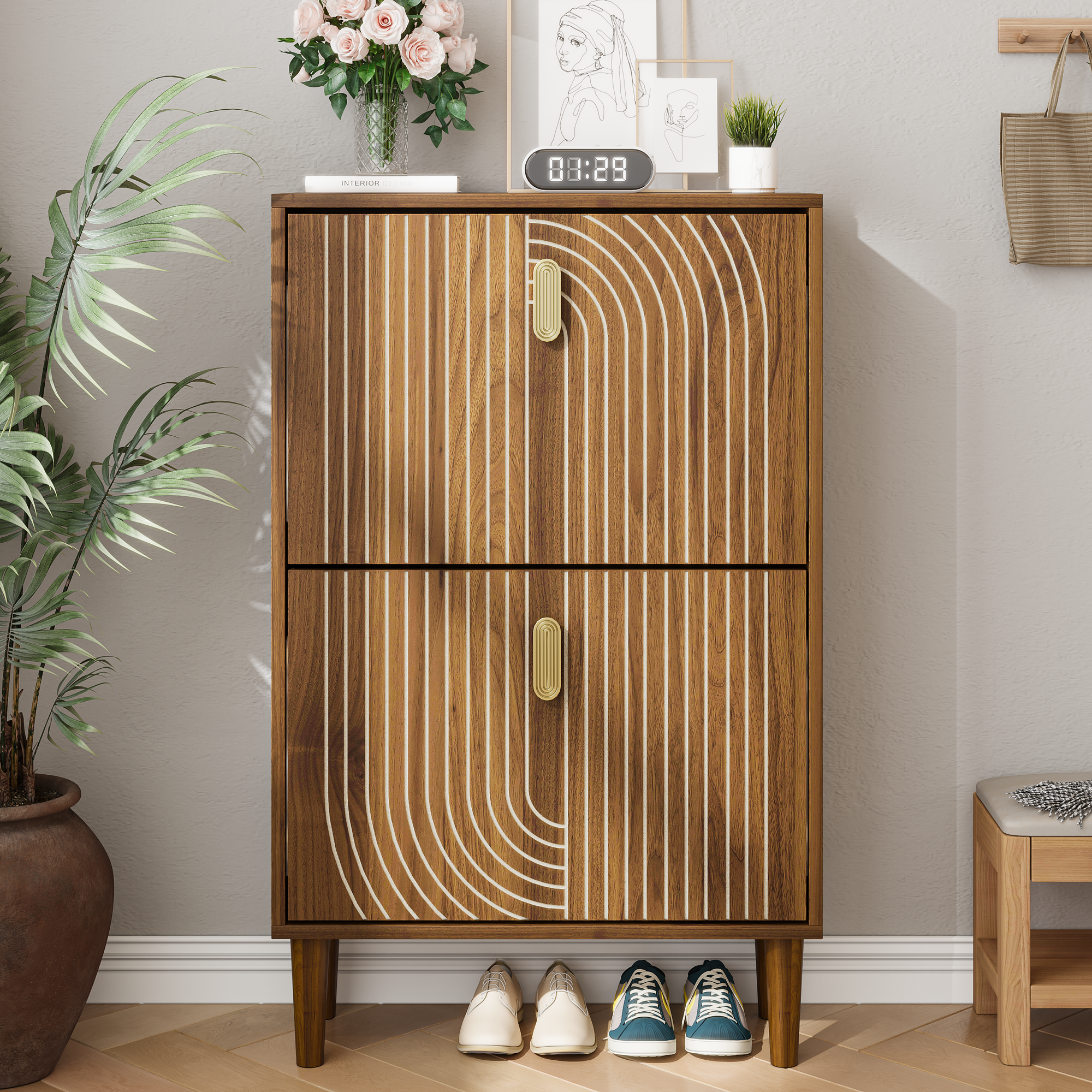 Schuhaufbewahrungsschrank Mit 2 Aufklappbaren Schubladen, Freistehender Schuhschrank Mit Metallgriffen Am Eingang, Schuhregal Mit Rillendesign, 60 Cm Breit, 1 Set