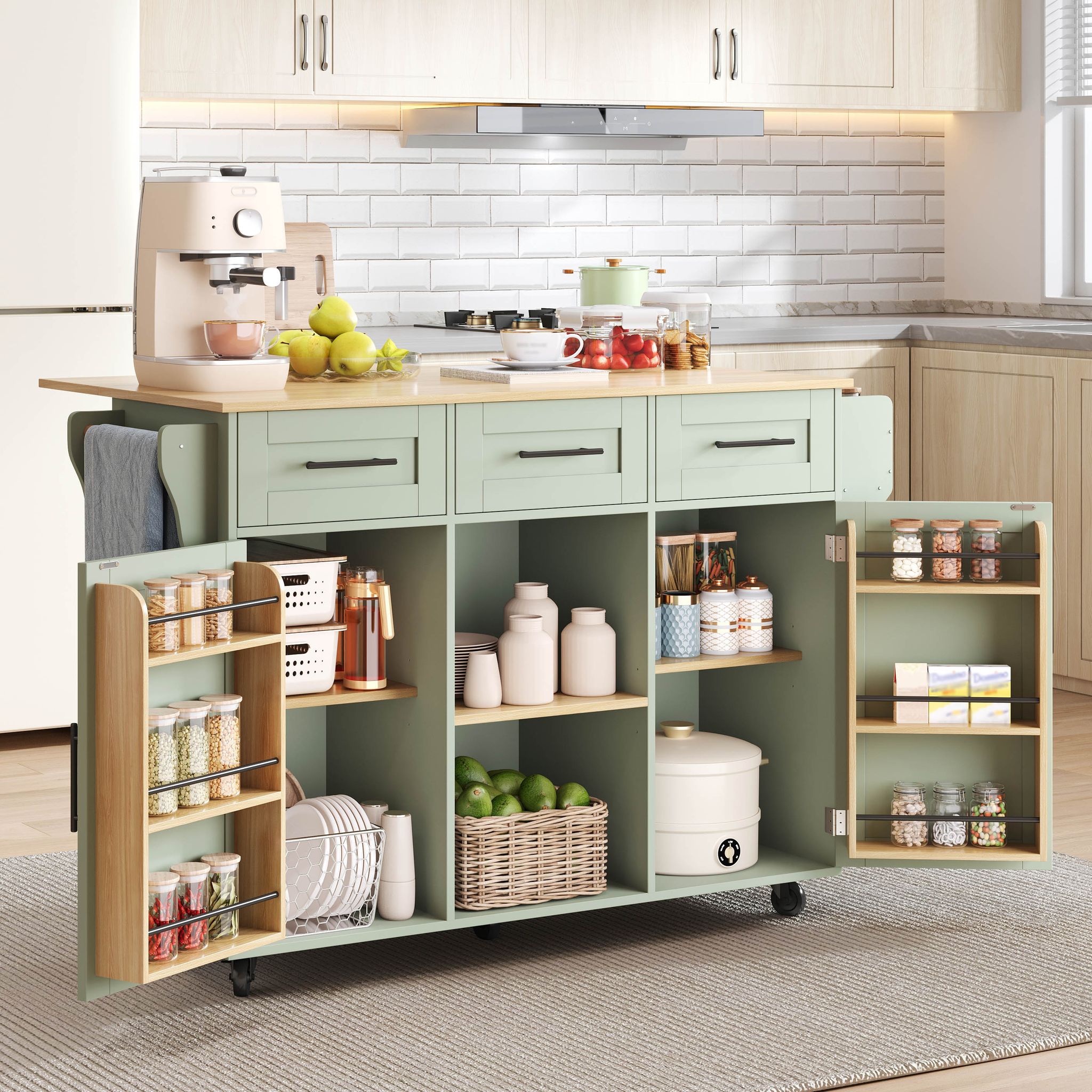 139x46(71)x91,5cm Großer Esswagen/anrichte, Korpus Grün + Arbeitsplatte In Holzoptik, Klappbare Arbeitsplatte, Ablagetür, Rollen, Auswechselbare Massivholzfüße, Geeignet Für Esszimmer, Küche