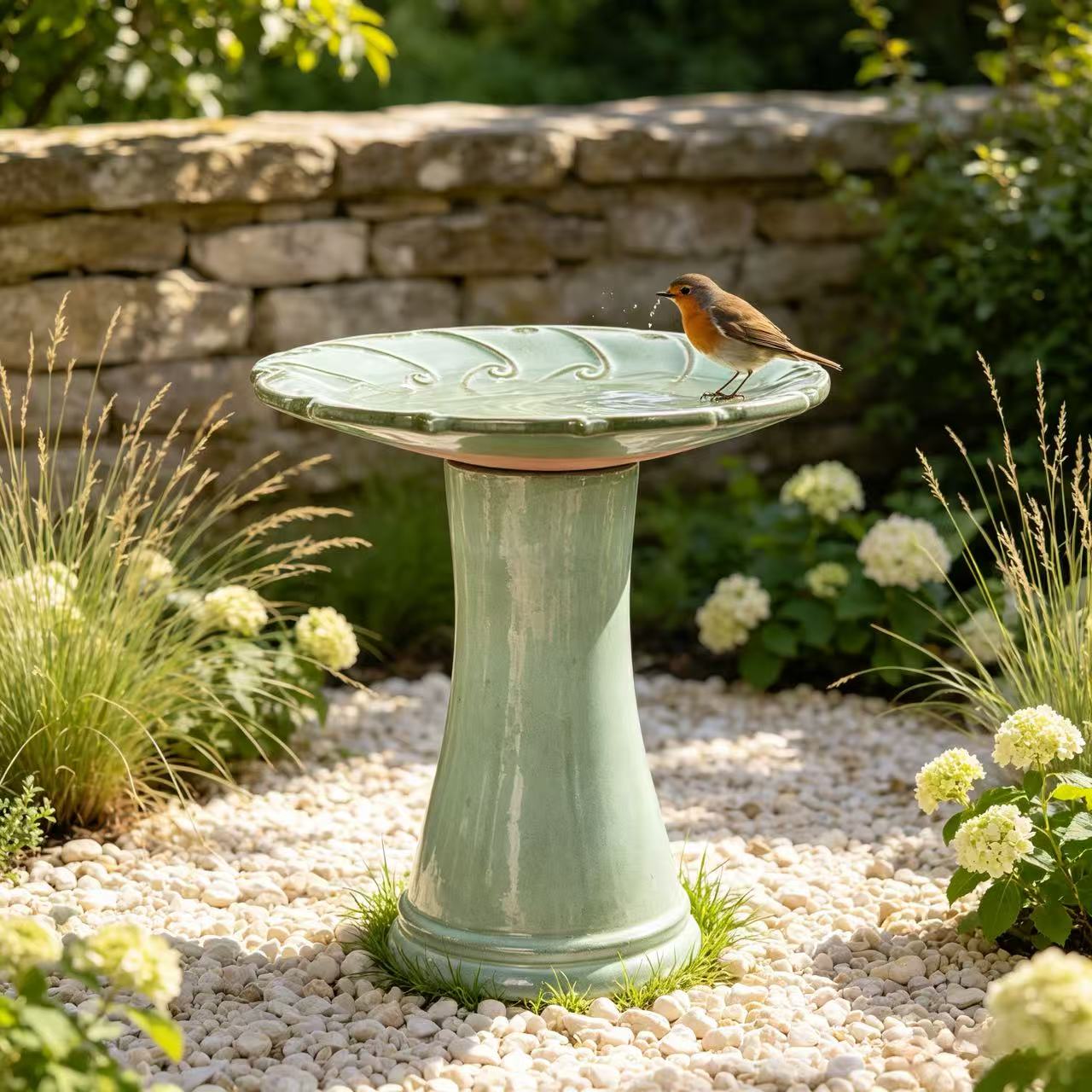 Handgefertigte Keramik Vogelbad (ø 43 Cm, Höhe 45 Cm), Glänzend Hellgrün Mit Radialem Wirbel-relief Auf Der Schale, Wetterfest & Frostsicher, Für Garten, Terrasse Und Balkon