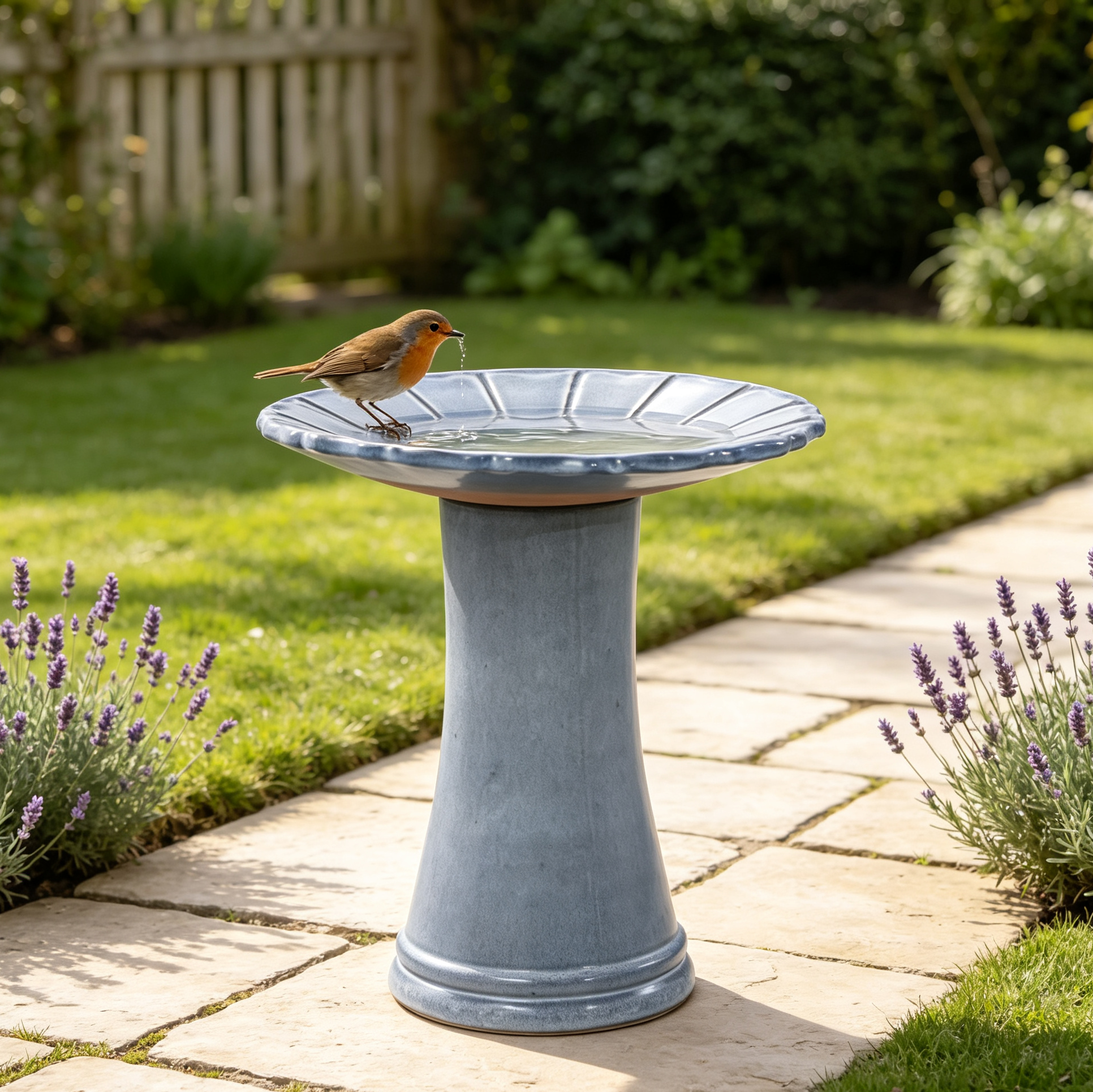 Handgefertigte Keramik Vogelbad (ø 43 Cm, Höhe 45 Cm), Glänzend Hellblaugrau Mit Blütenrillen Auf Der Schale, Wetterfest & Frostsicher, Für Garten, Terrasse Und Balkon