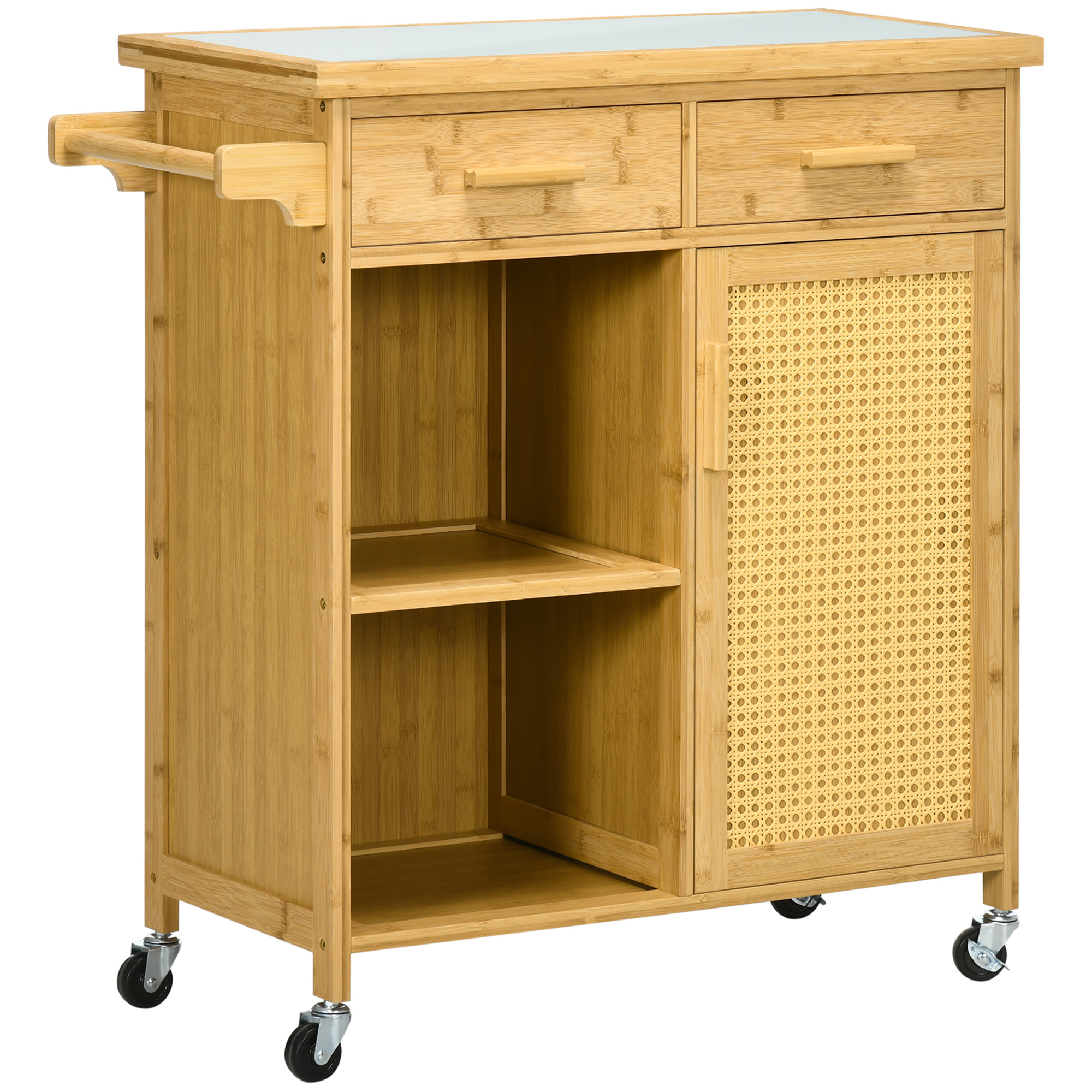 Küchenwagen Servierwagen Mit Schublade, Schrank, Offenen Ebenen, Handtuchhalter, Arbeitsplatte, Bambus, Natur