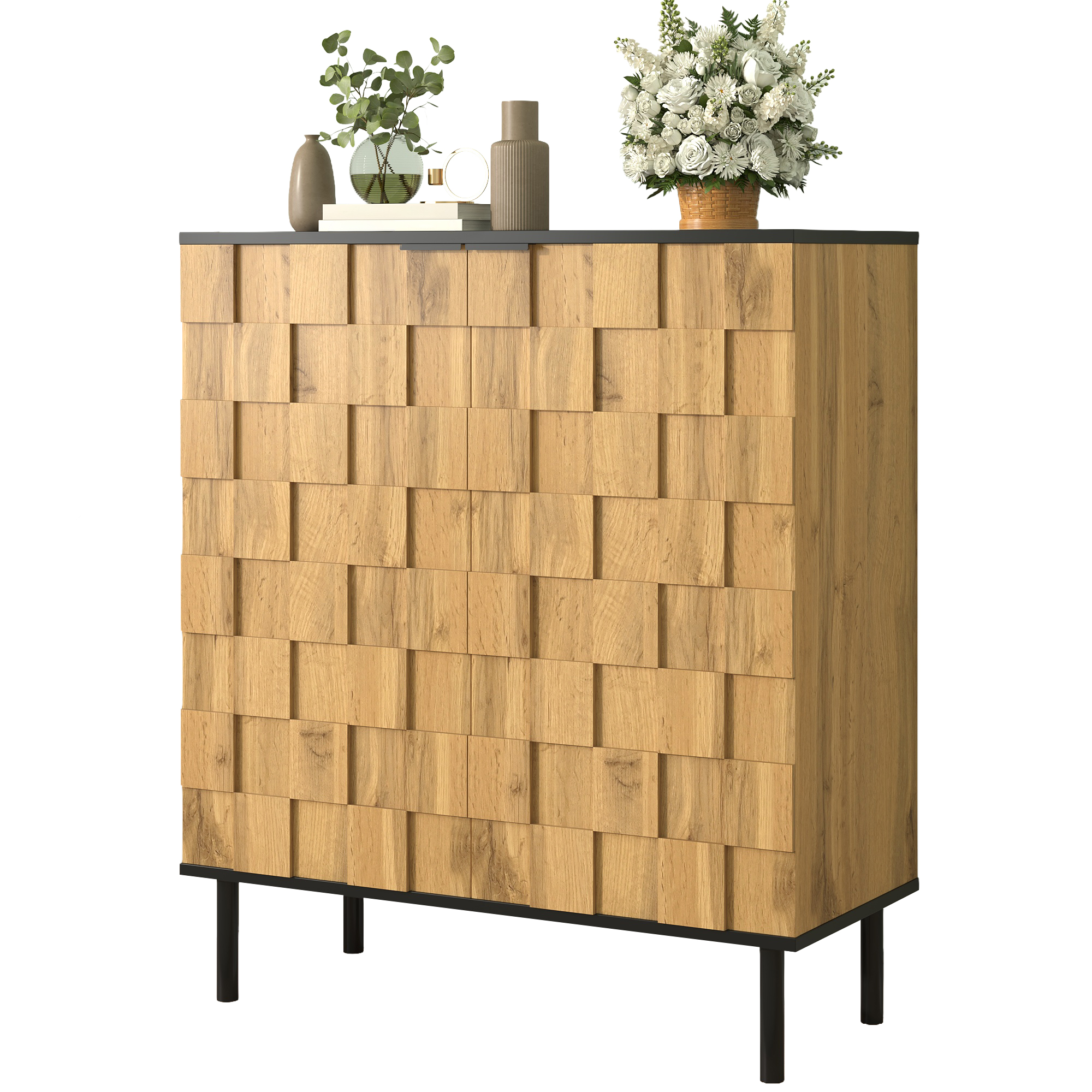 Mosaik-schuhschrank, 2-türiger Schuhregal, Aufbewahrungsschrank Für Flur, Holzoptik, Spanplatte, Metallfüße, Höhenverstellbare Fächer