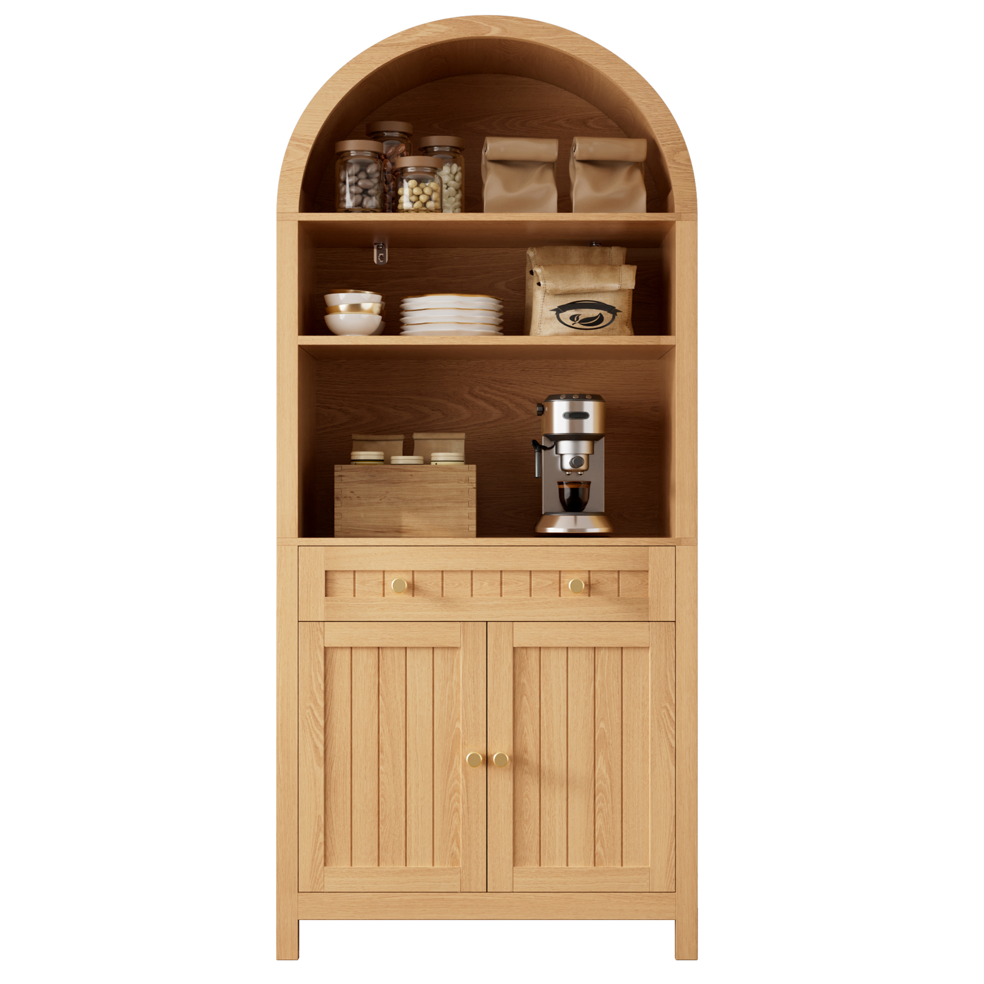 Hoher Stehschrank Mit Bogenfront,sideboard,hochschrank, Doppeltüren Mit Gewürzregalen Auf Beiden Innenseiten, Spanplatte+mdf Für Küche Und Wohnzimmer