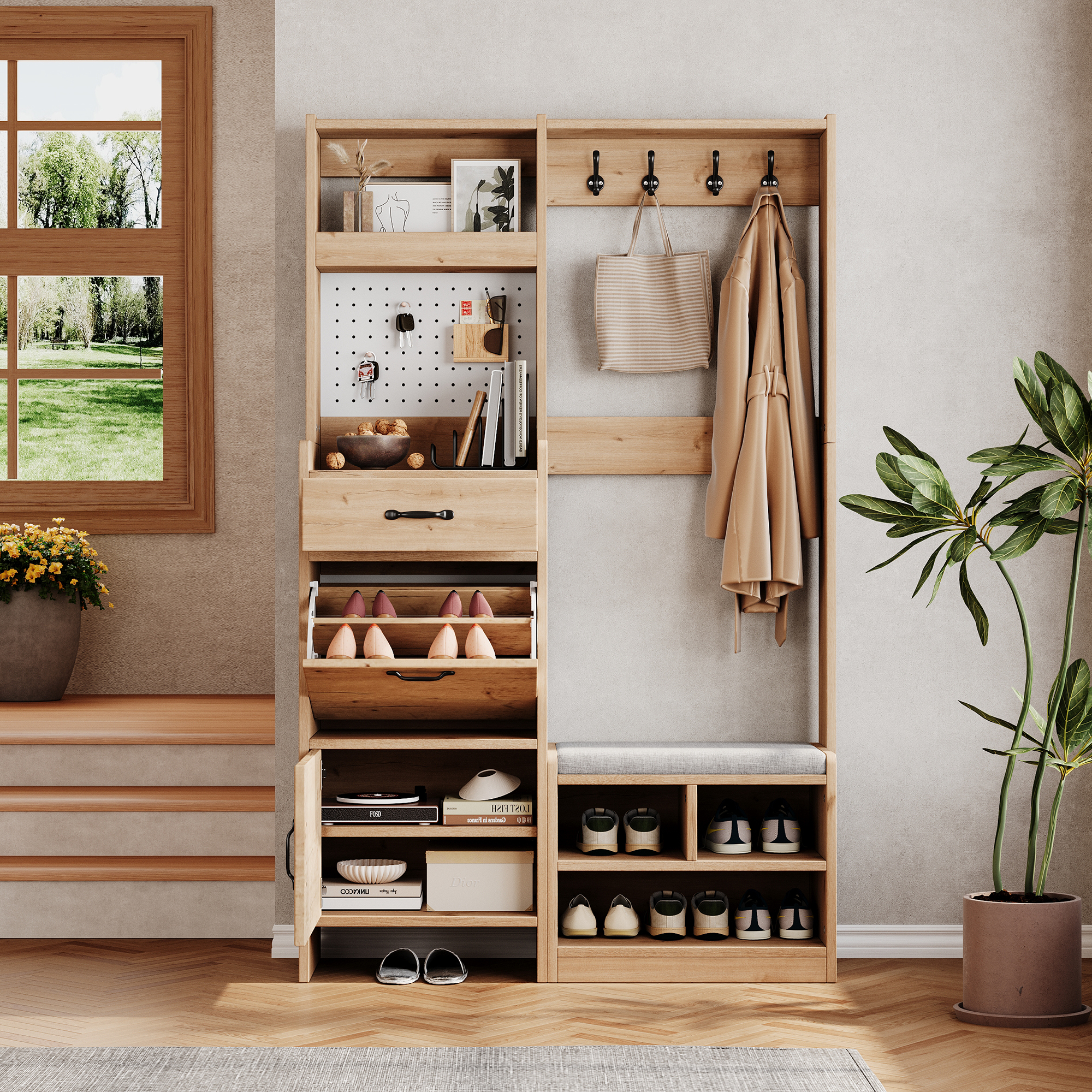 Garderoben-set, Wandgarderobe, Flurgarderobe Set Mit Schuhbank, Garderoben Set Mit 4 Kleiderhaken, 1 Schubladen Und 2 Türen, Natural, B108.5 X T35 X H180 Cm