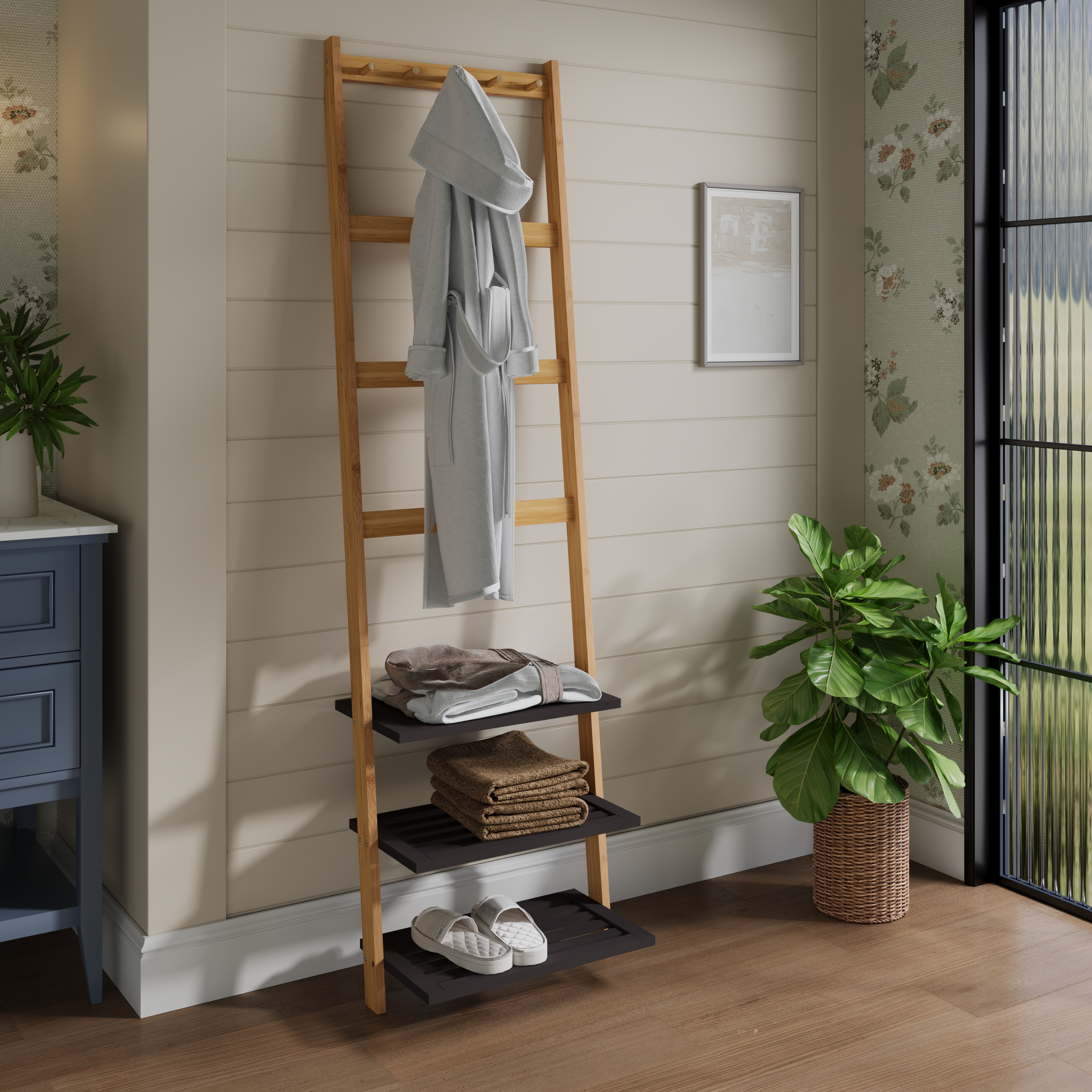 Bamboo Towel Rack Towel Ladder Decorative Ladder Clothes Rack Standing Bathroom With 3 Shelves, 4 Rails And 5 Hooks, Natural, Bambus Handtuchhalter Leiter, Freistehende Kleiderleiter,natur