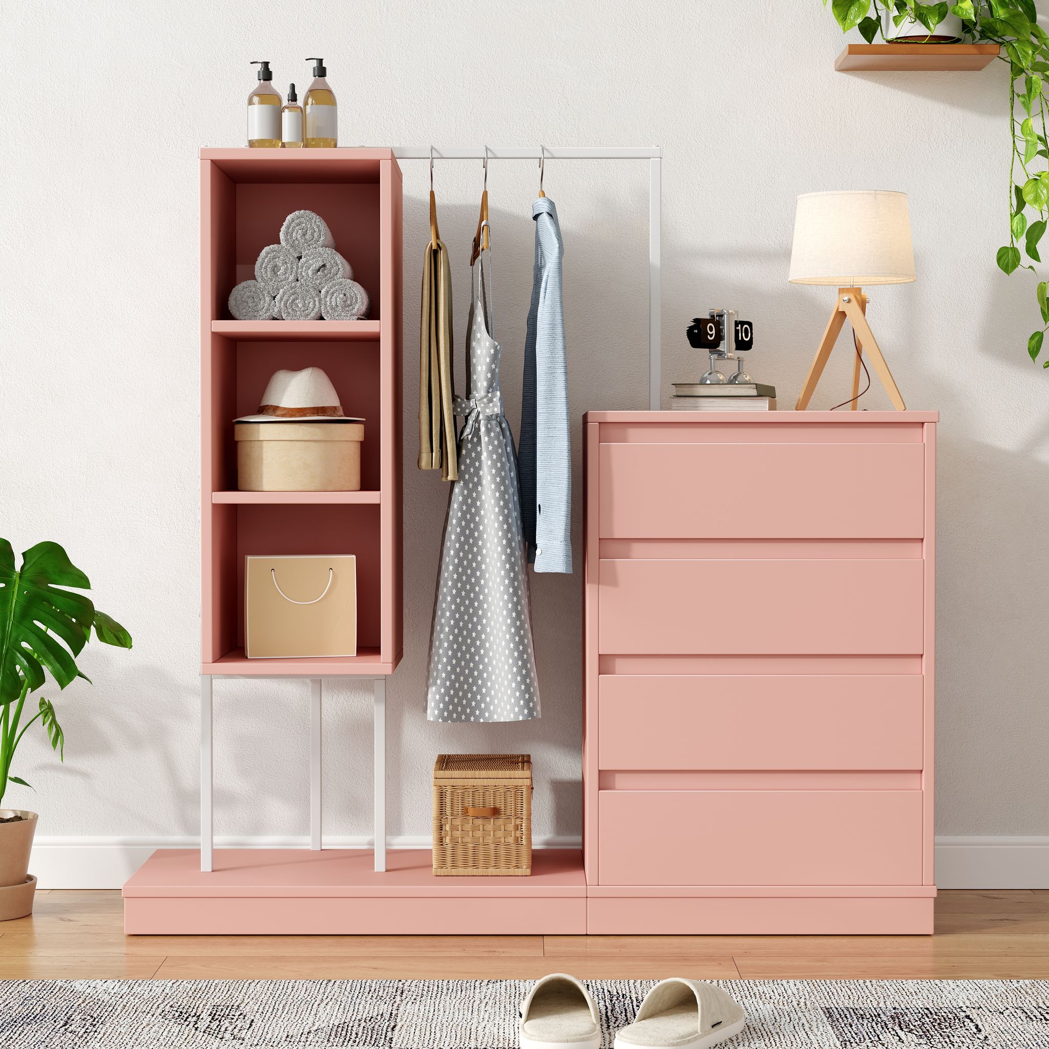 Schubladenschrank, Kleiderschrank-set, Rosa Kleiderschrank, Sideboard, Kleiderstange, Maße: B140/w40/h135,rosa